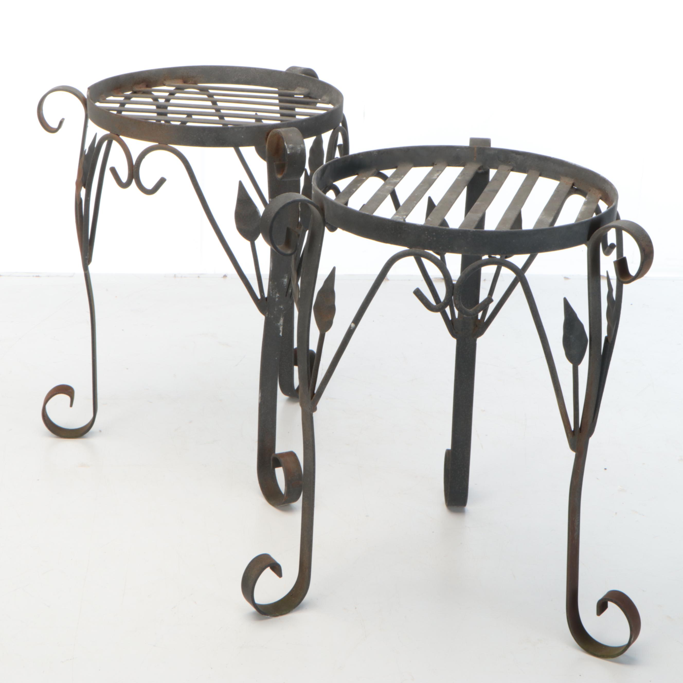 Pair of Wrought Iron Plant Stands with Cast Concrete Garden Statues