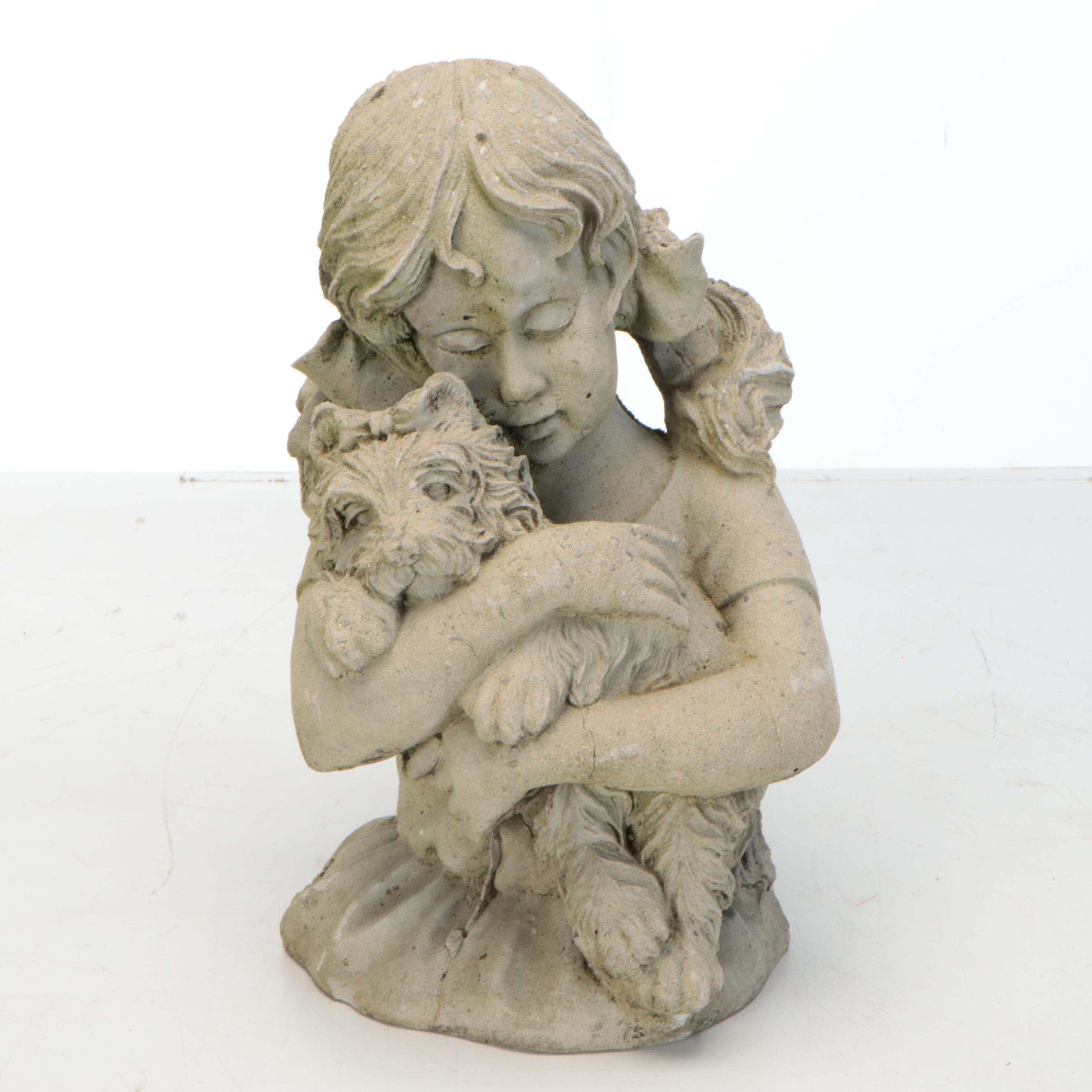 Pair of Wrought Iron Plant Stands with Cast Concrete Garden Statues