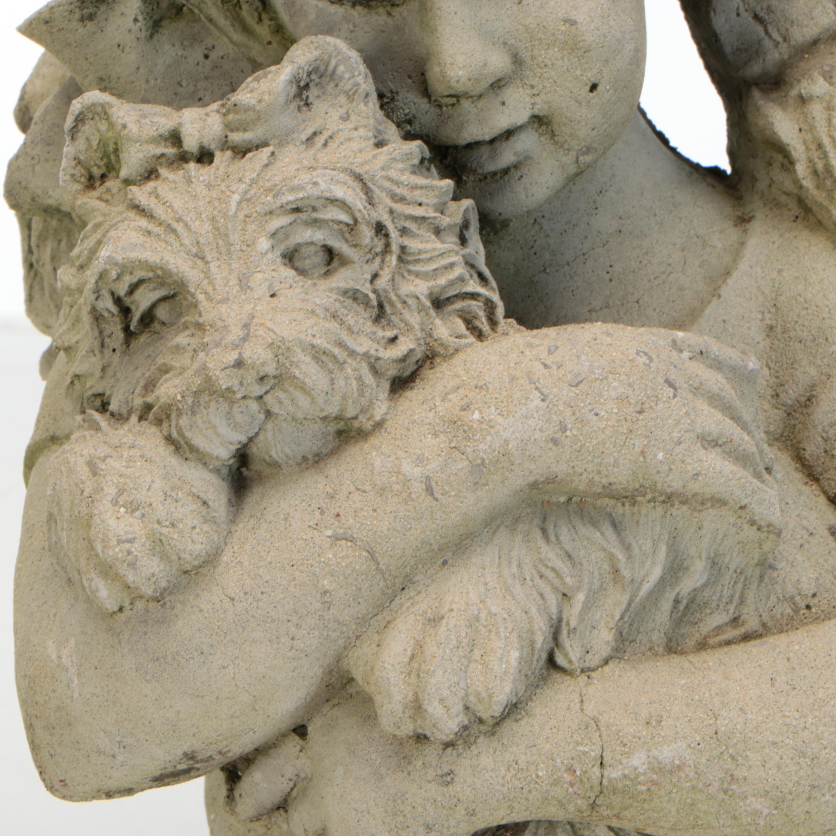 Pair of Wrought Iron Plant Stands with Cast Concrete Garden Statues