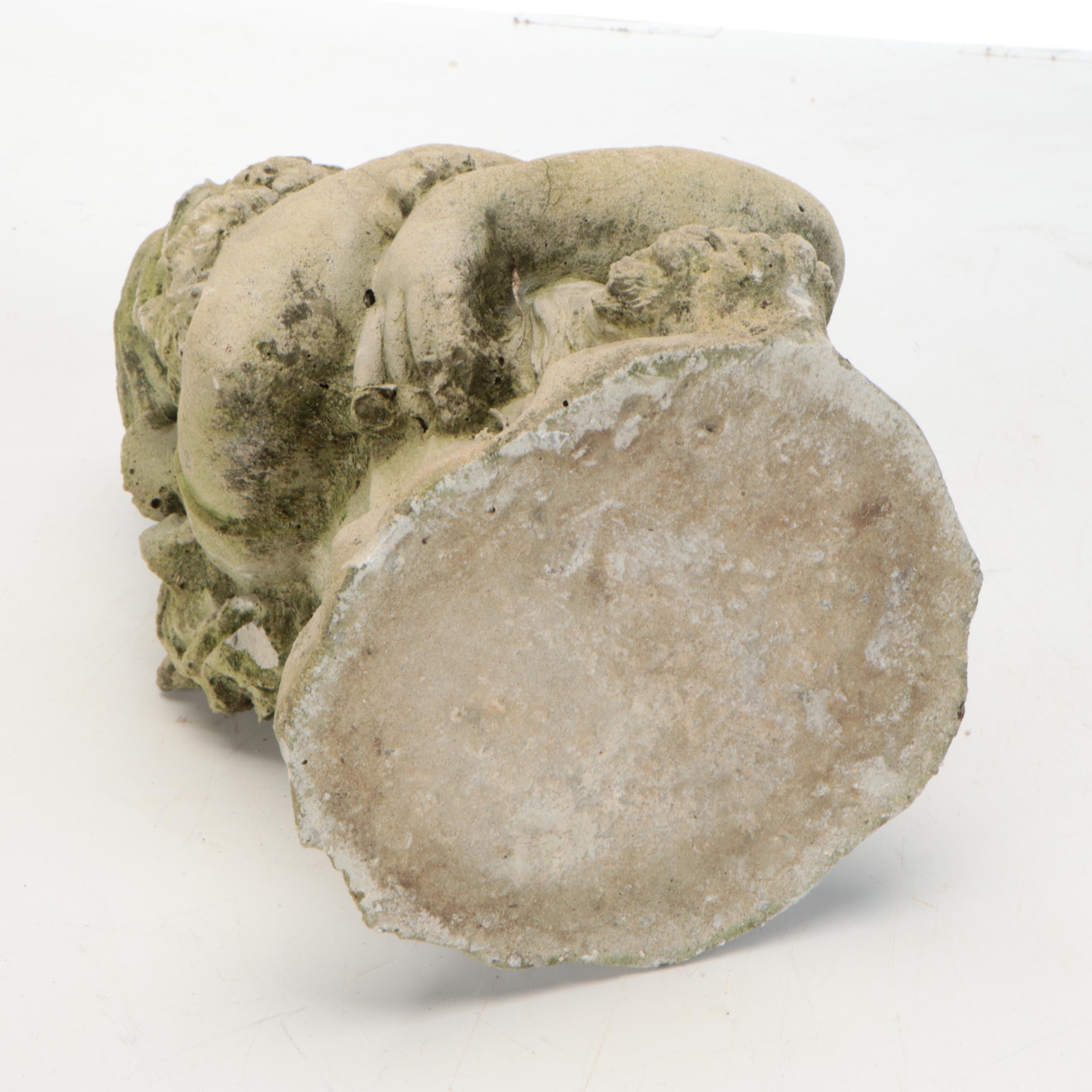 Pair of Wrought Iron Plant Stands with Cast Concrete Garden Statues