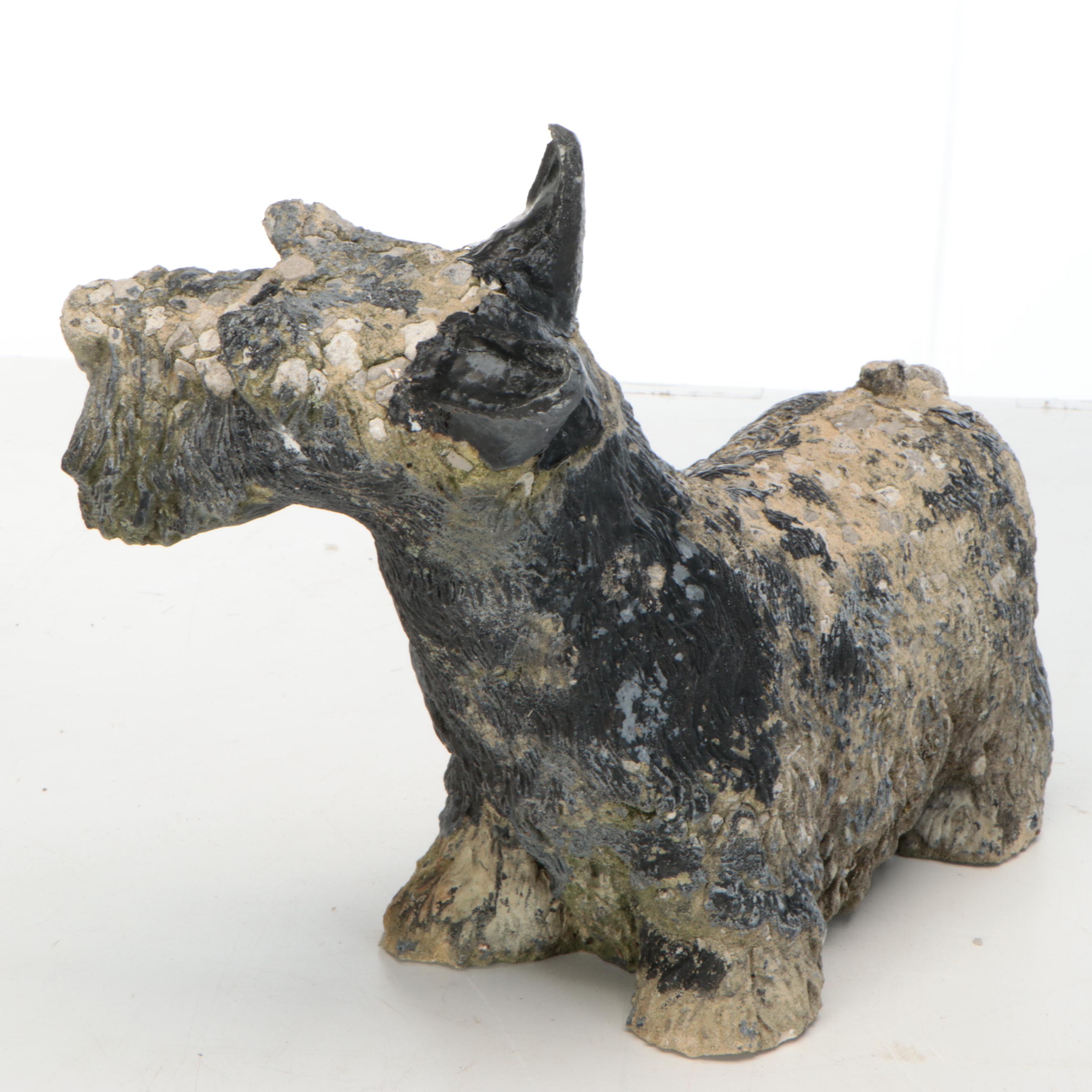 Pair of Wrought Iron Plant Stands with Cast Concrete Garden Statues