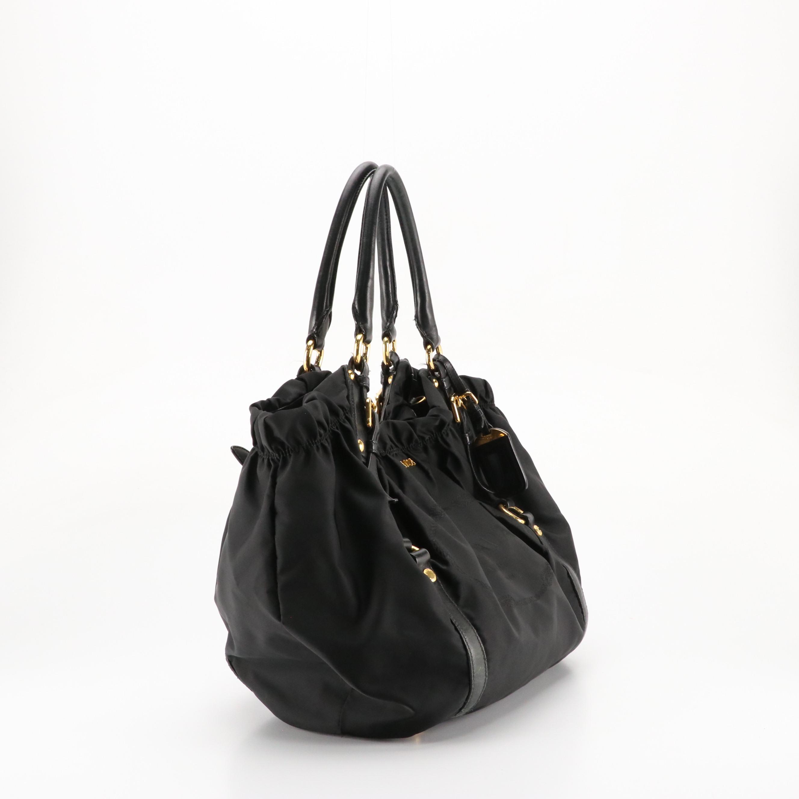 Prada Black Canapa Logo Gathered Tessuto Nylon and Leather Two-Way Bag