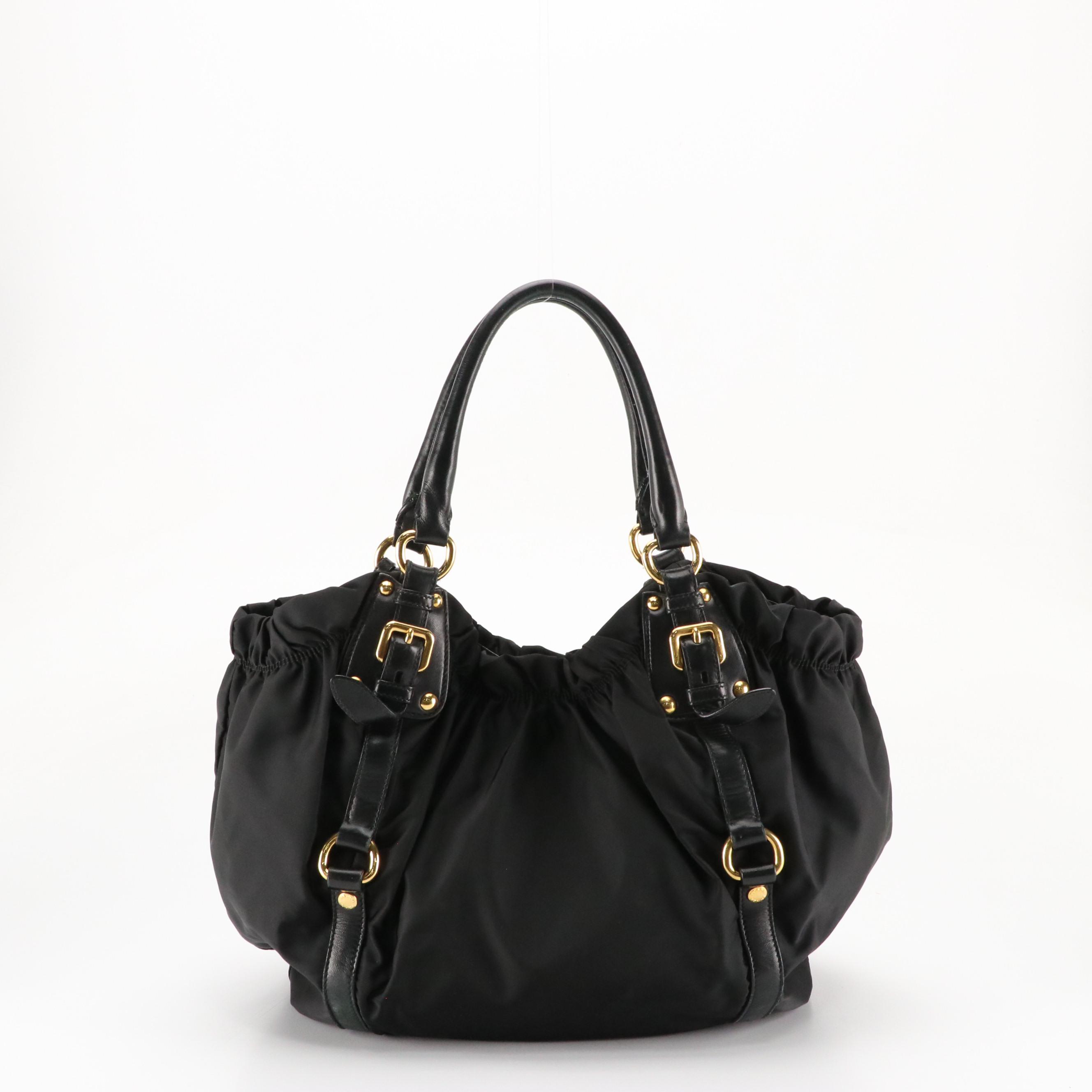 Prada Black Canapa Logo Gathered Tessuto Nylon and Leather Two-Way Bag