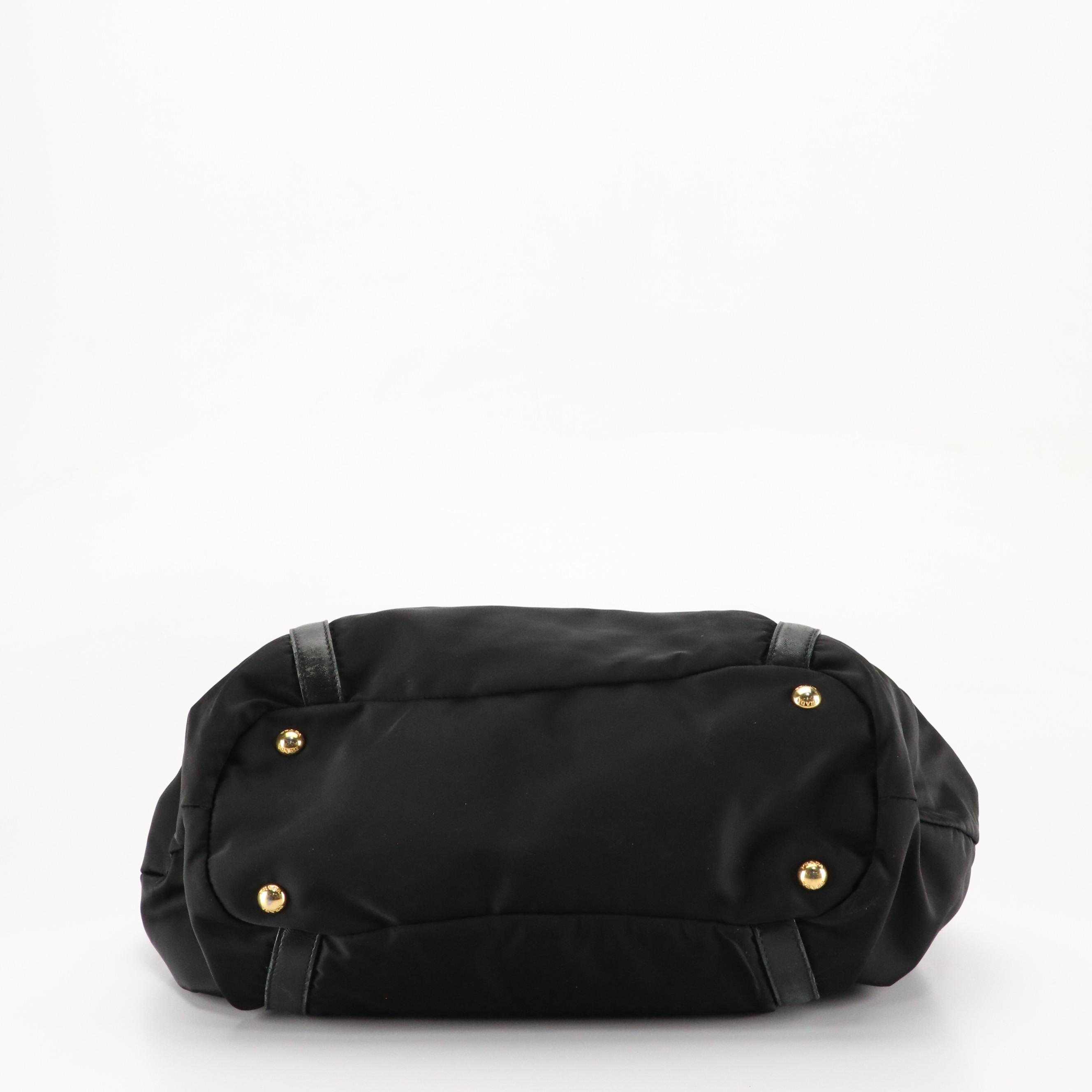 Prada Black Canapa Logo Gathered Tessuto Nylon and Leather Two-Way Bag