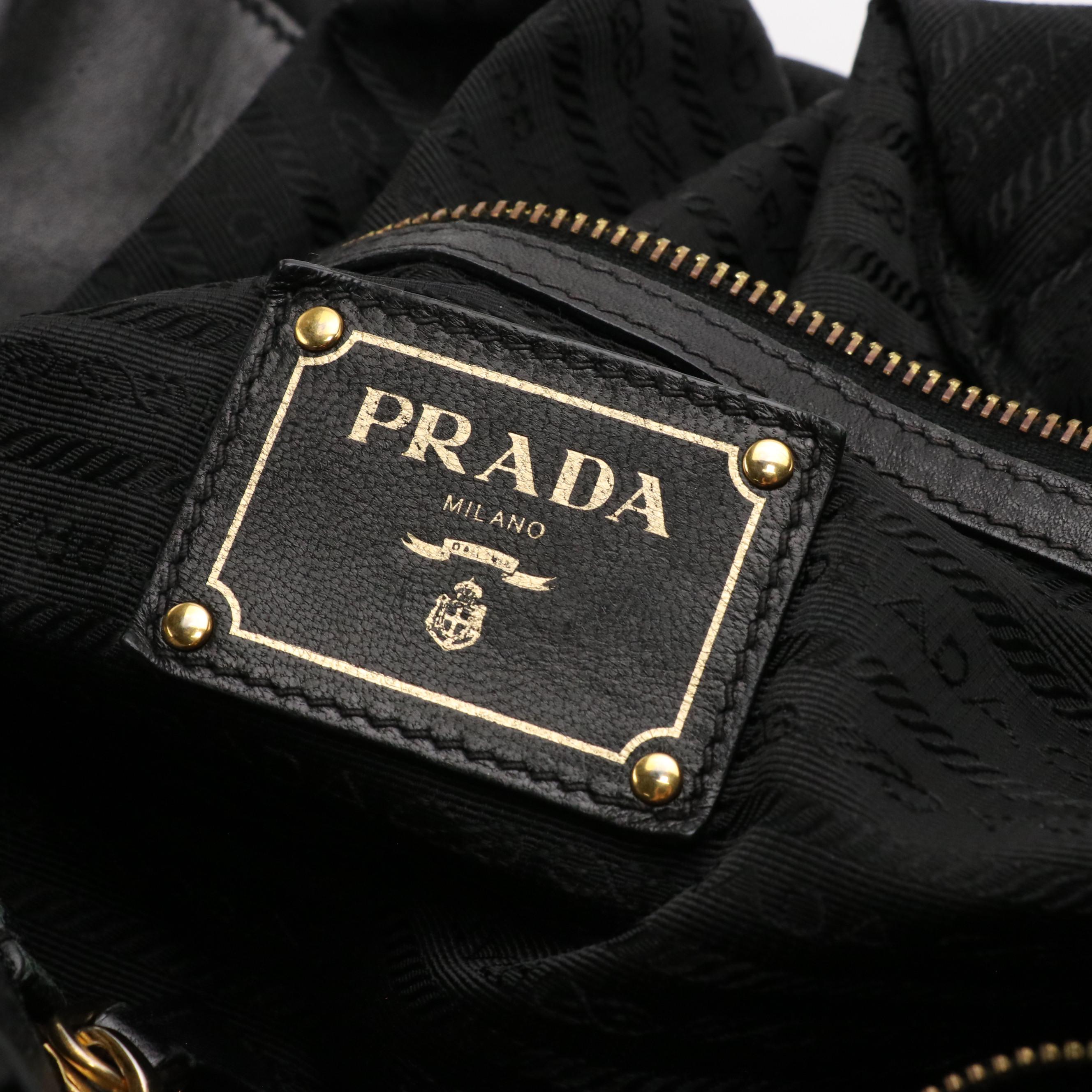 Prada Black Canapa Logo Gathered Tessuto Nylon and Leather Two-Way Bag