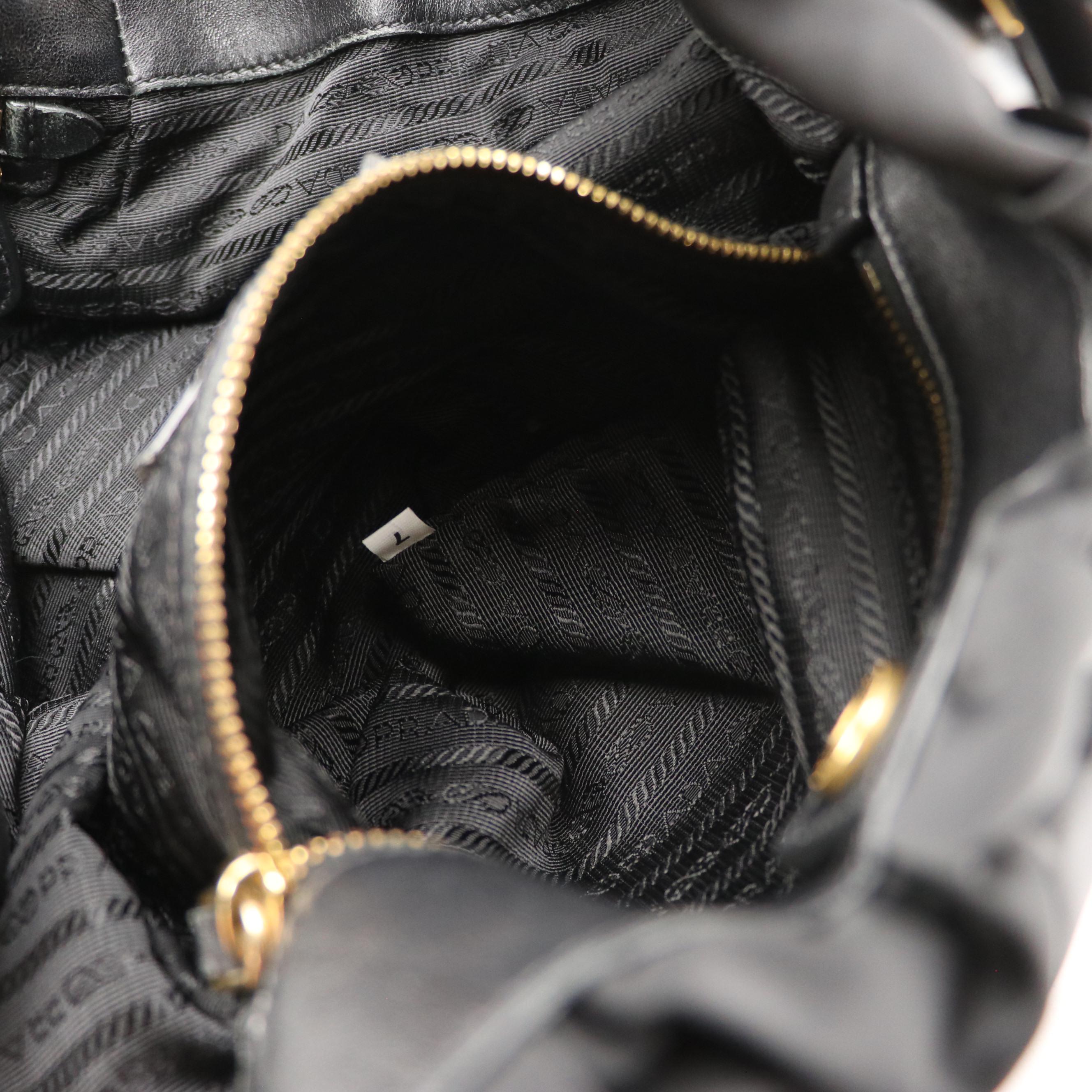 Prada Black Canapa Logo Gathered Tessuto Nylon and Leather Two-Way Bag