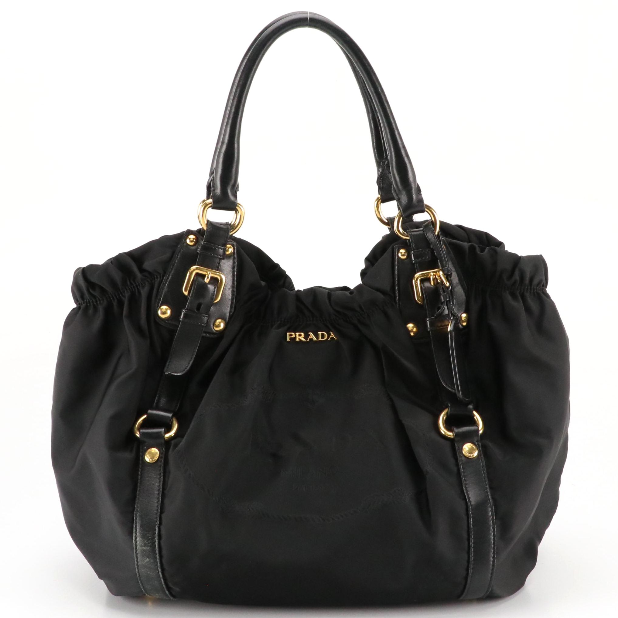 Prada Black Canapa Logo Gathered Tessuto Nylon and Leather Two-Way Bag