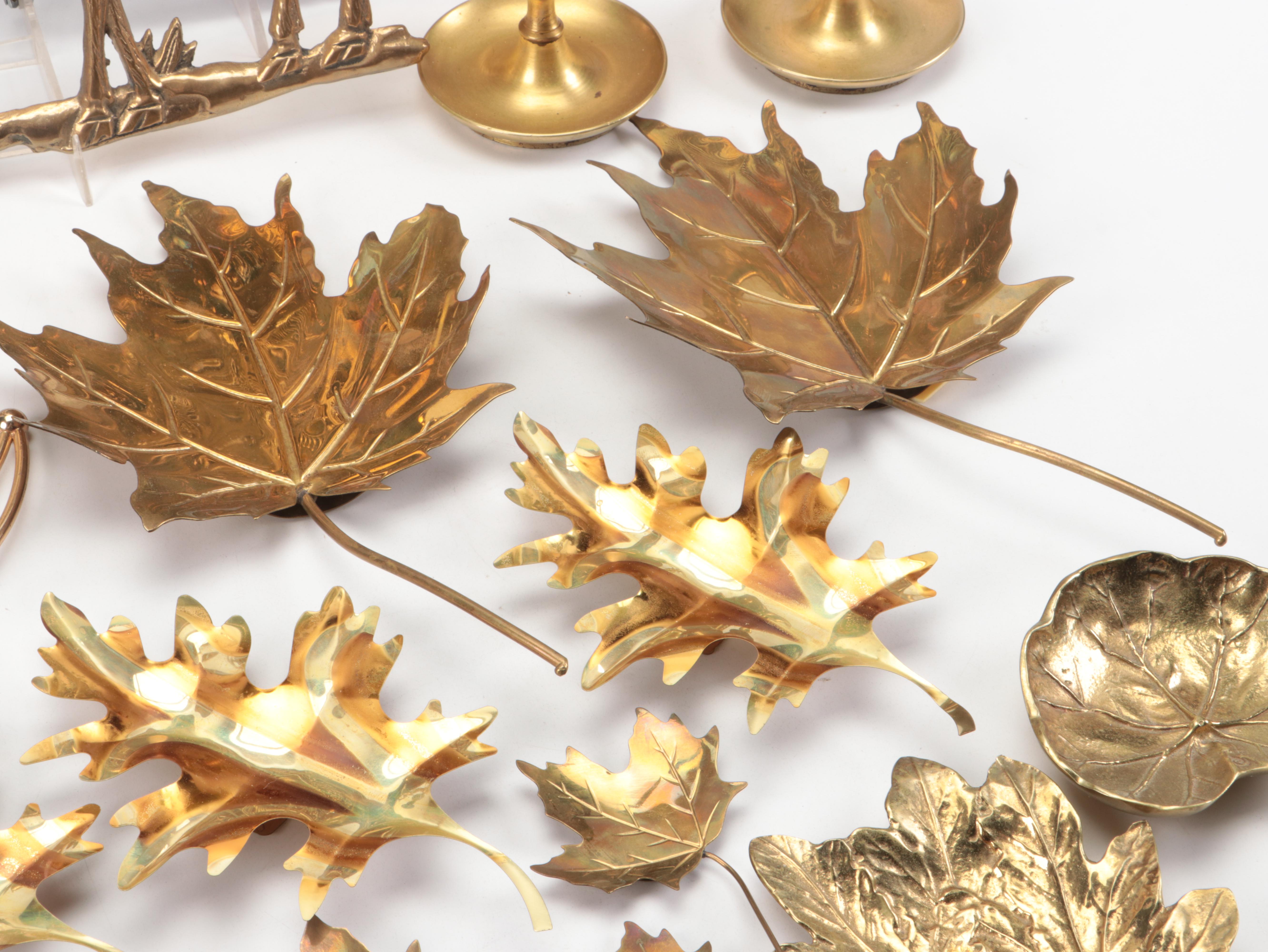 Virginia Metalcrafters Brass Leaf Dishes with Wall Hangings and Other Décor