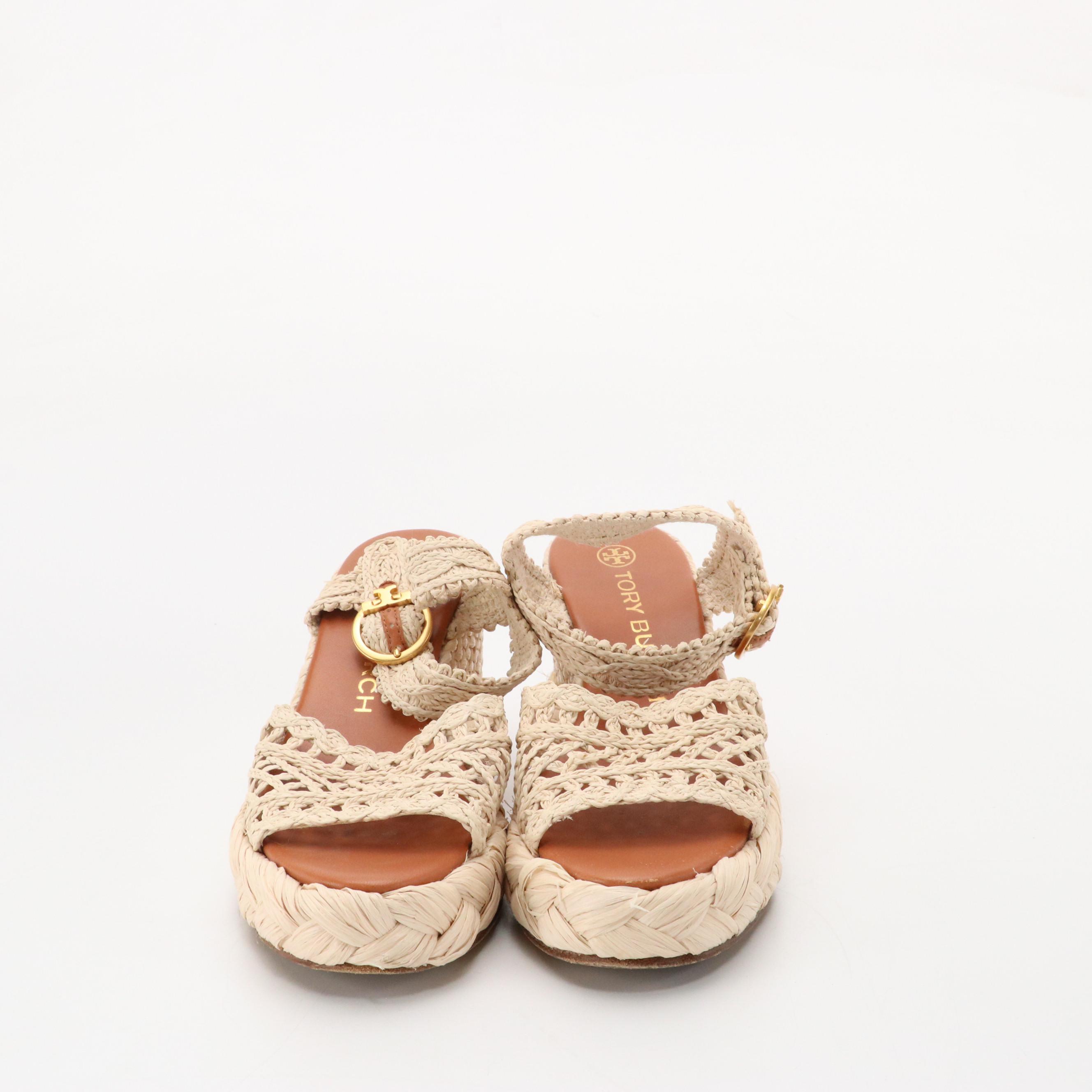 Tory Birch Ankle Strap Raffia Wedge Heels