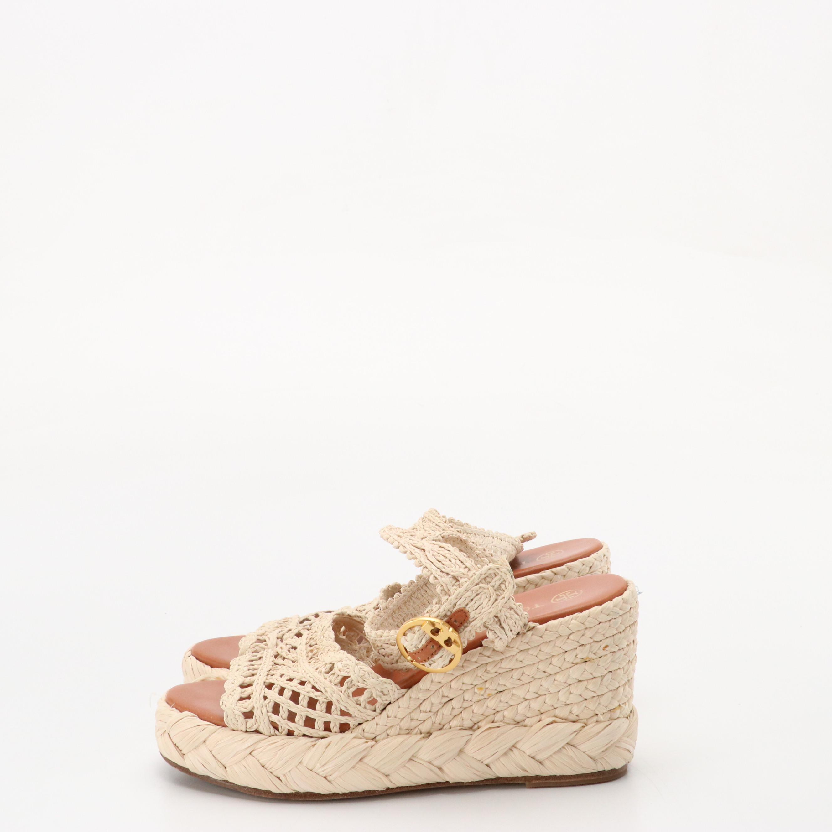 Tory Birch Ankle Strap Raffia Wedge Heels