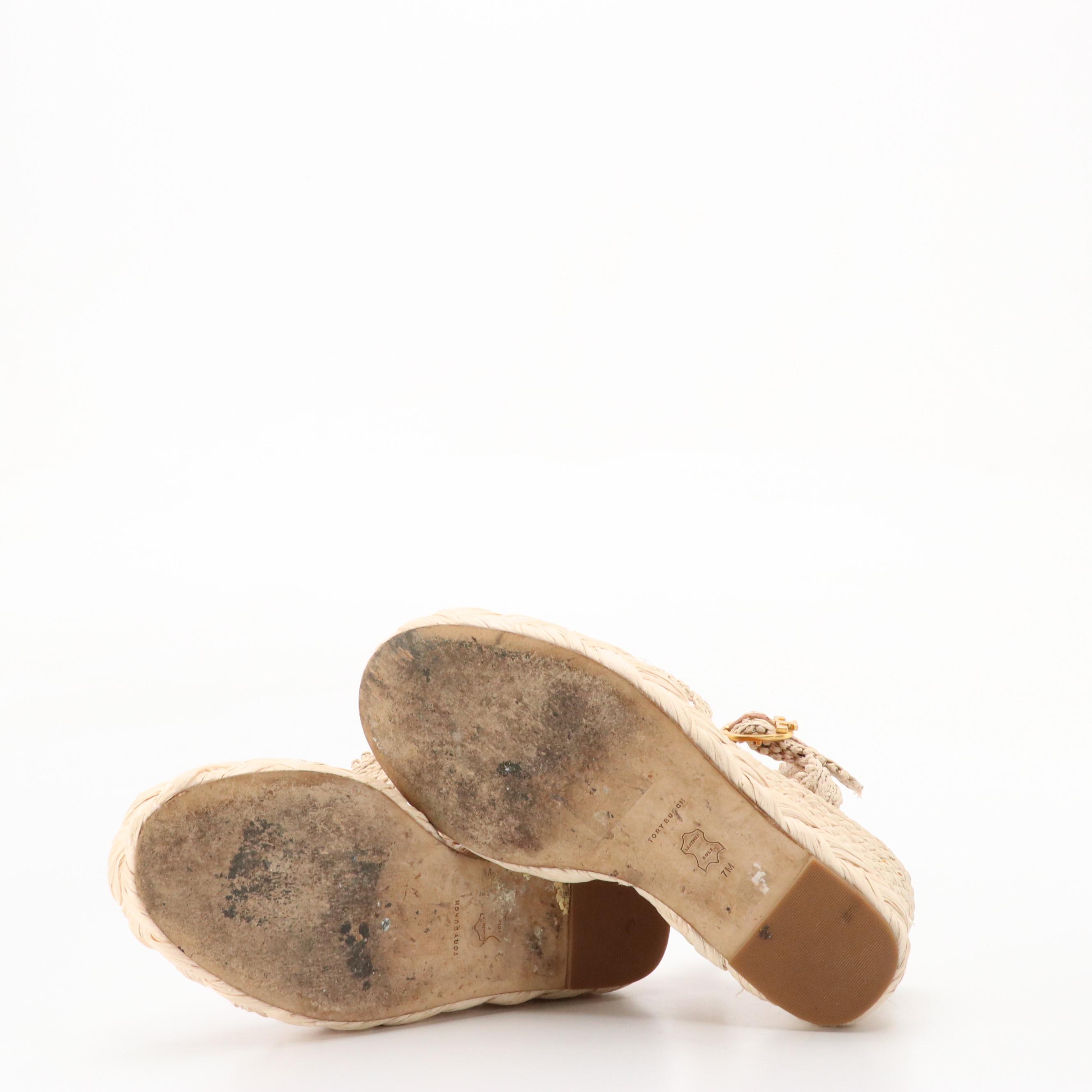 Tory Birch Ankle Strap Raffia Wedge Heels