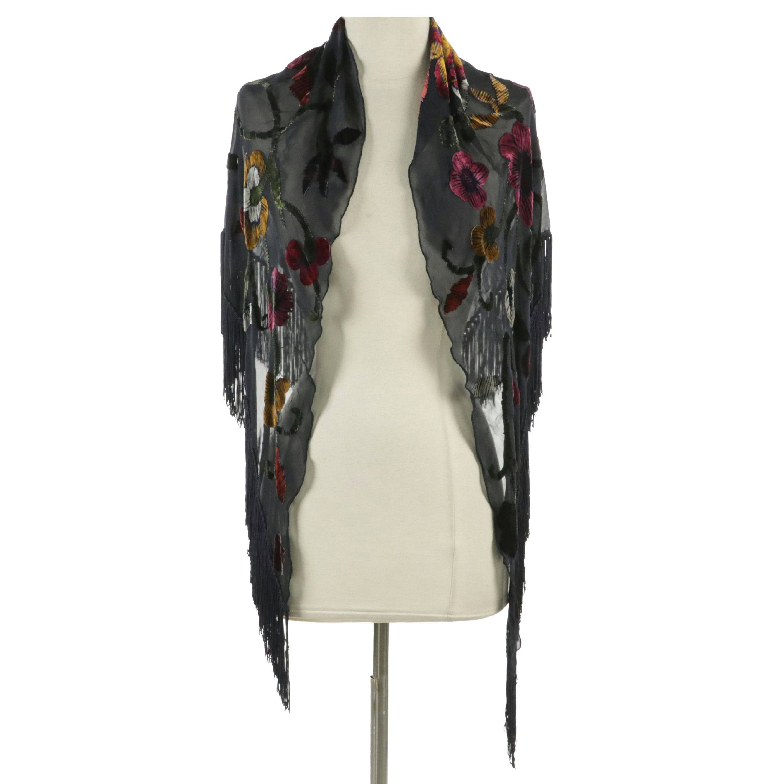 Moschino x Larioseta Floral Burnout Velvet Fringe Scarf Shawl