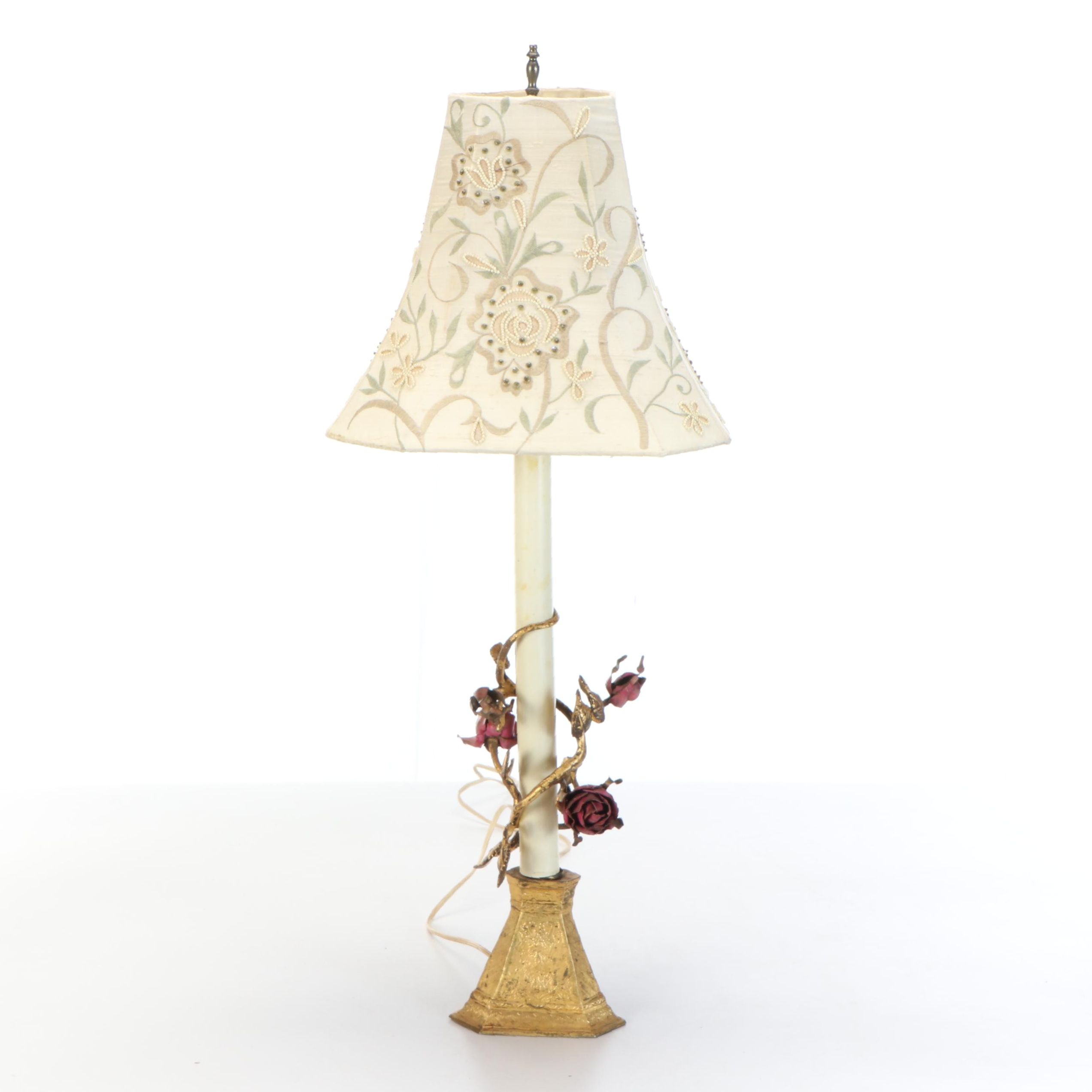 Gilt Metal & Enameled Rose Candlestick Lamp with Bead Embroidered Shade