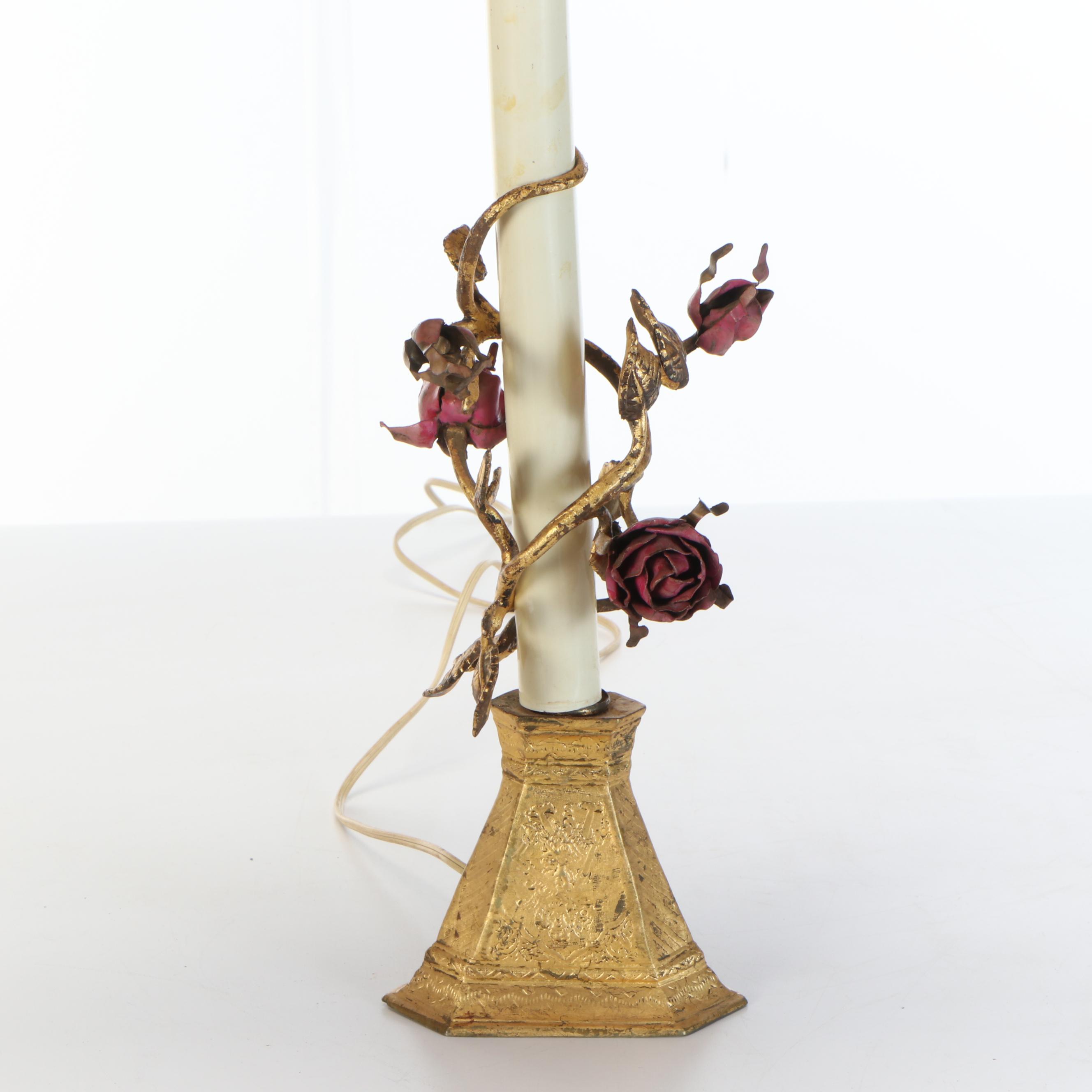 Gilt Metal & Enameled Rose Candlestick Lamp with Bead Embroidered Shade