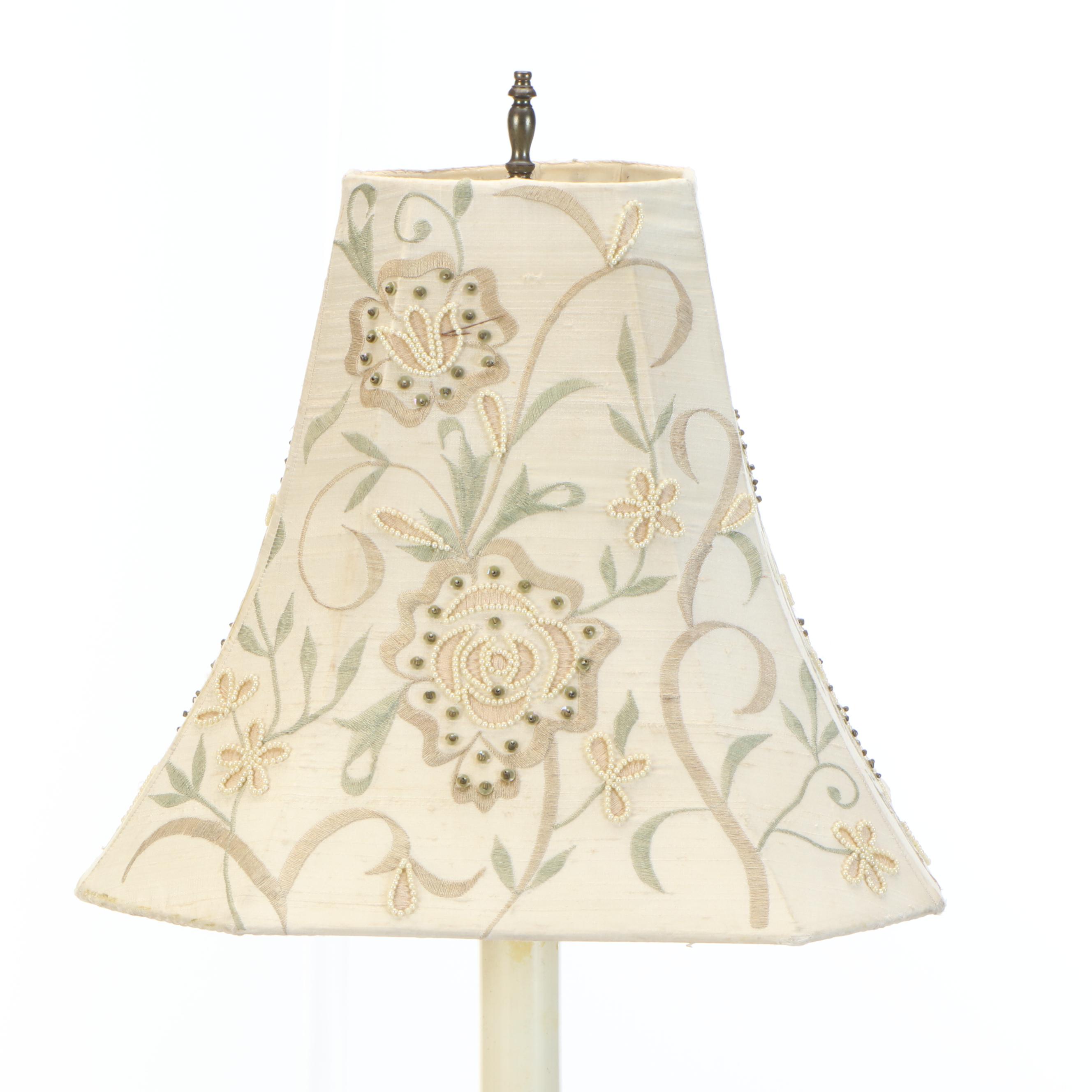 Gilt Metal & Enameled Rose Candlestick Lamp with Bead Embroidered Shade