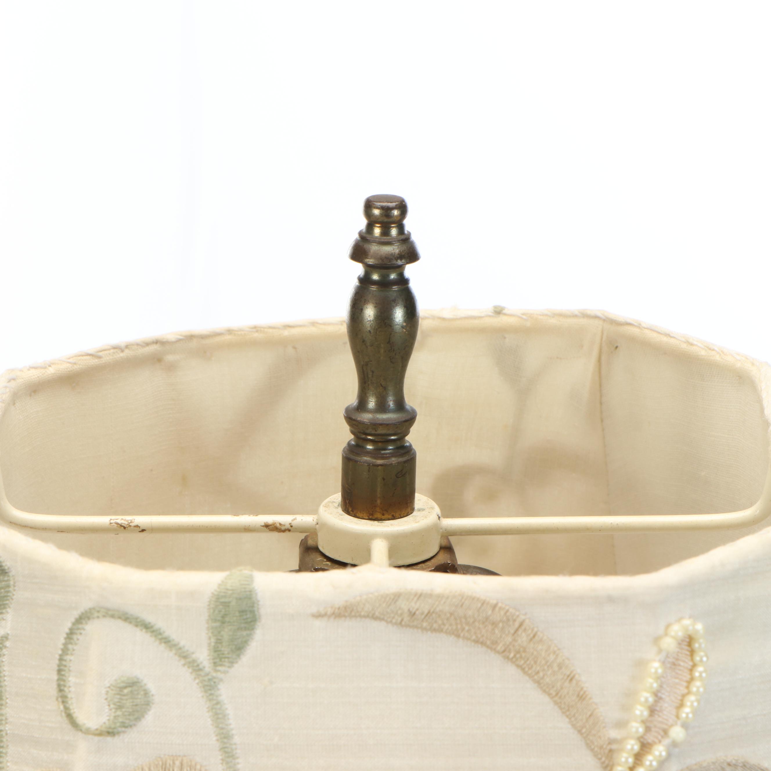 Gilt Metal & Enameled Rose Candlestick Lamp with Bead Embroidered Shade