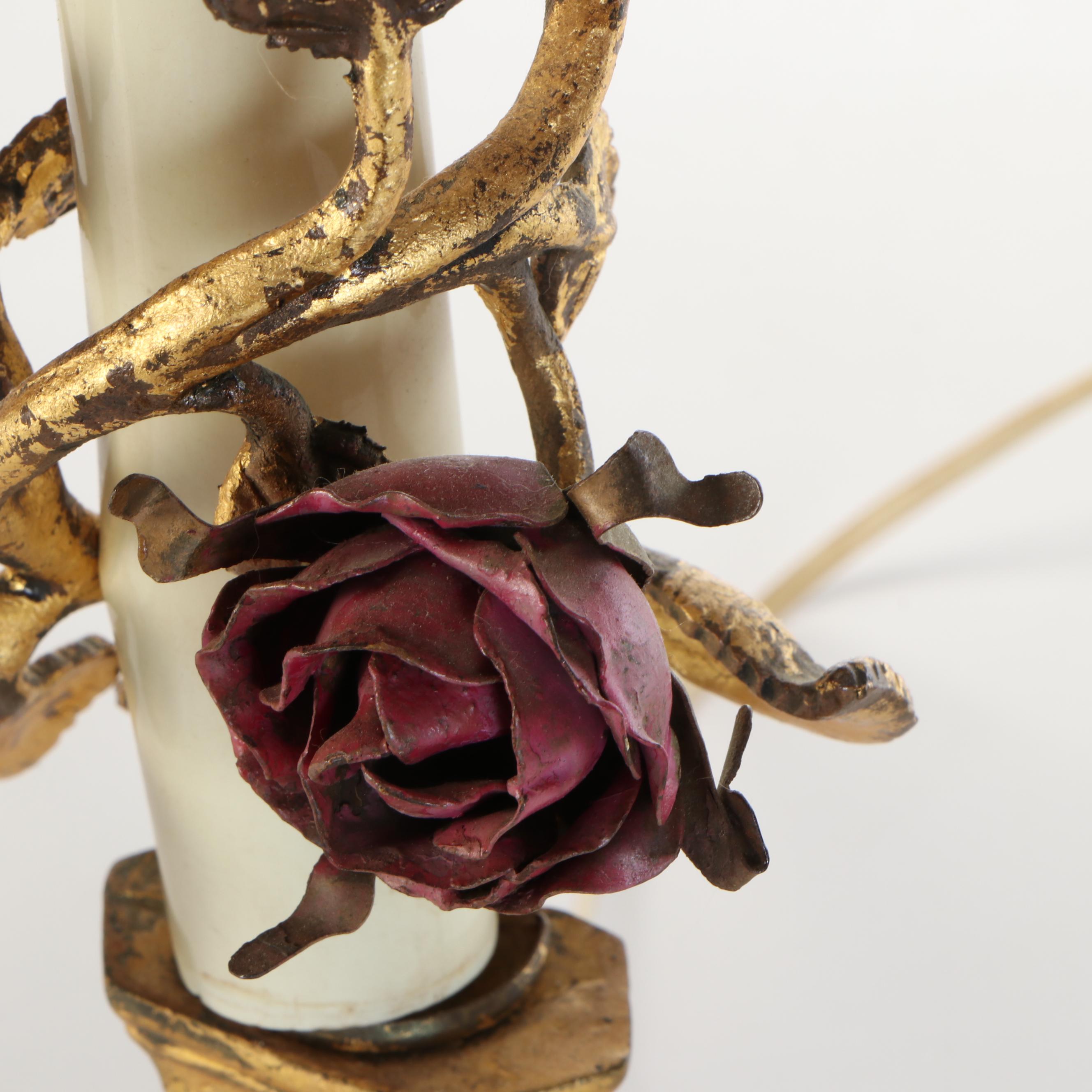 Gilt Metal & Enameled Rose Candlestick Lamp with Bead Embroidered Shade