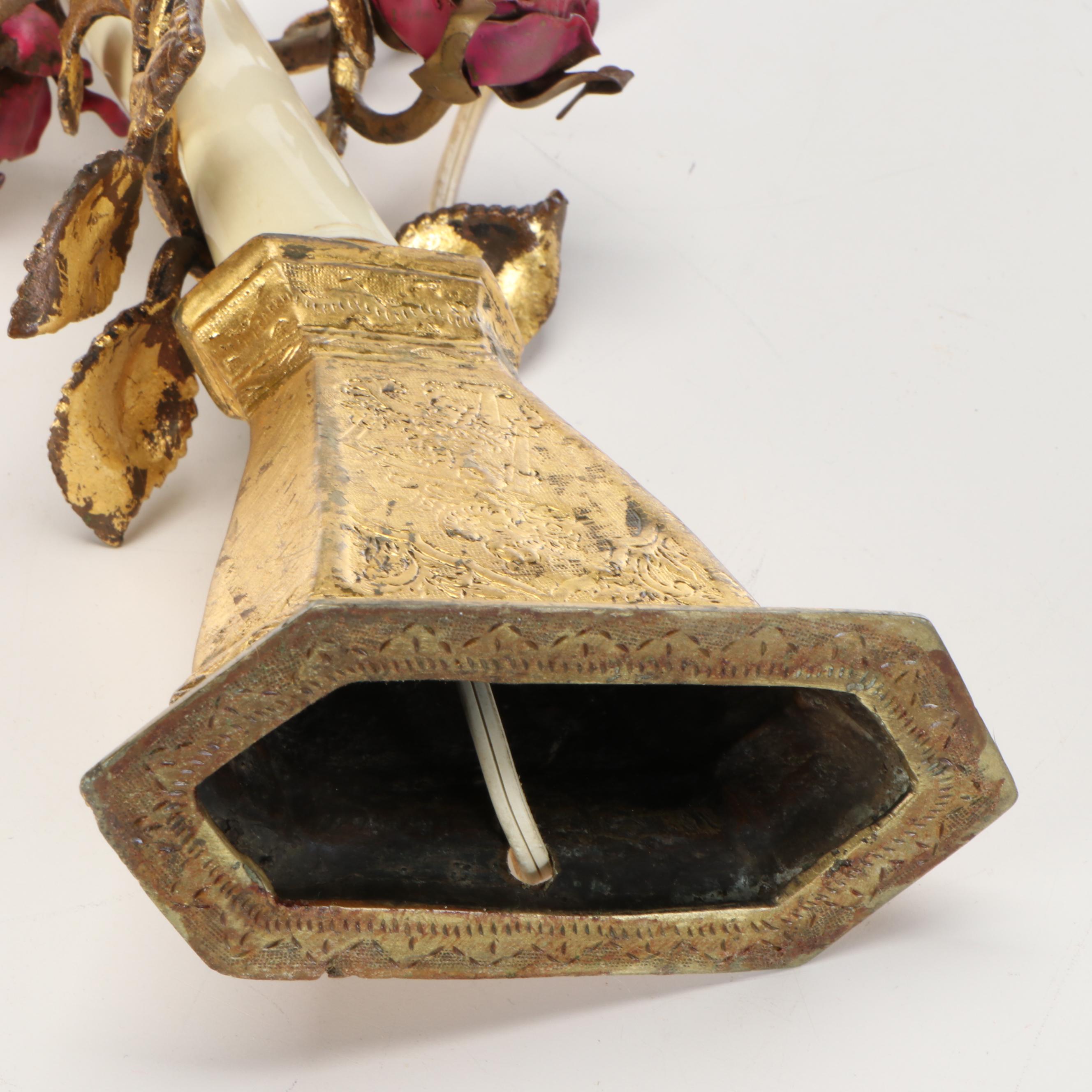 Gilt Metal & Enameled Rose Candlestick Lamp with Bead Embroidered Shade