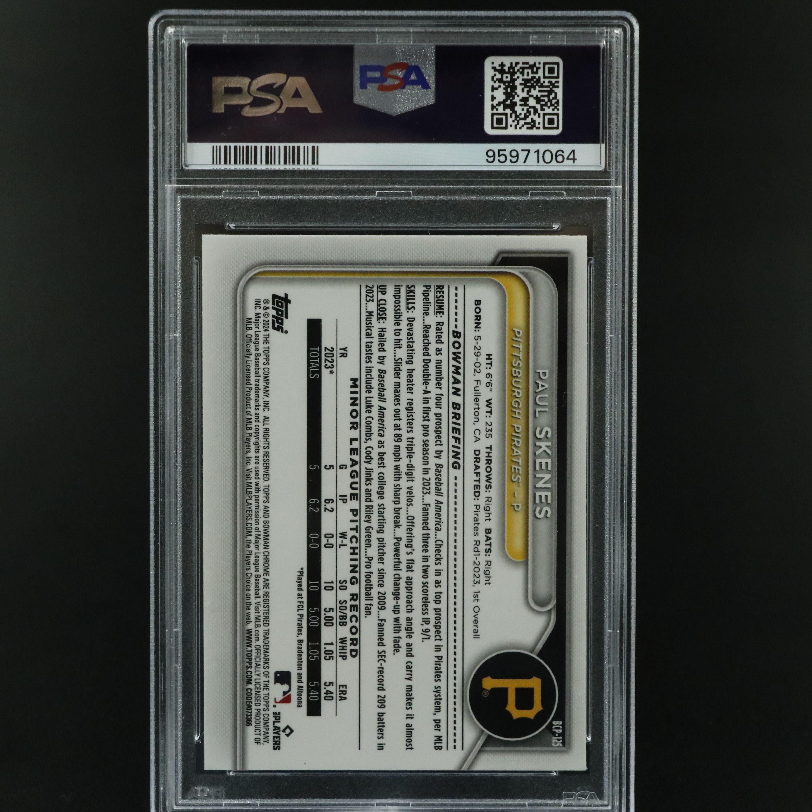 2024 Bowman Chrome Paul Skenes Mega Box Refractor Prospect Card Graded PSA 10
