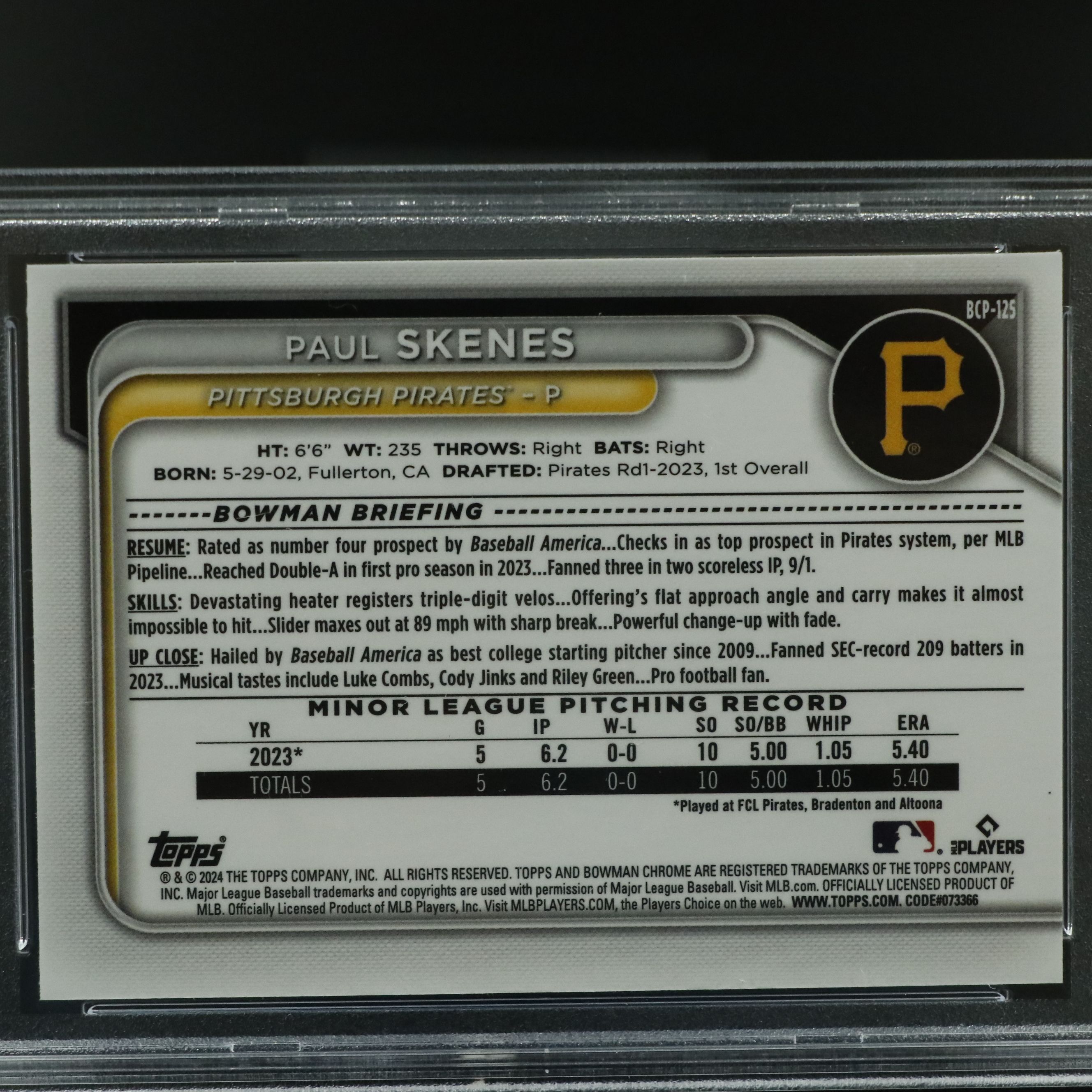 2024 Bowman Chrome Paul Skenes Mega Box Refractor Prospect Card Graded PSA 10