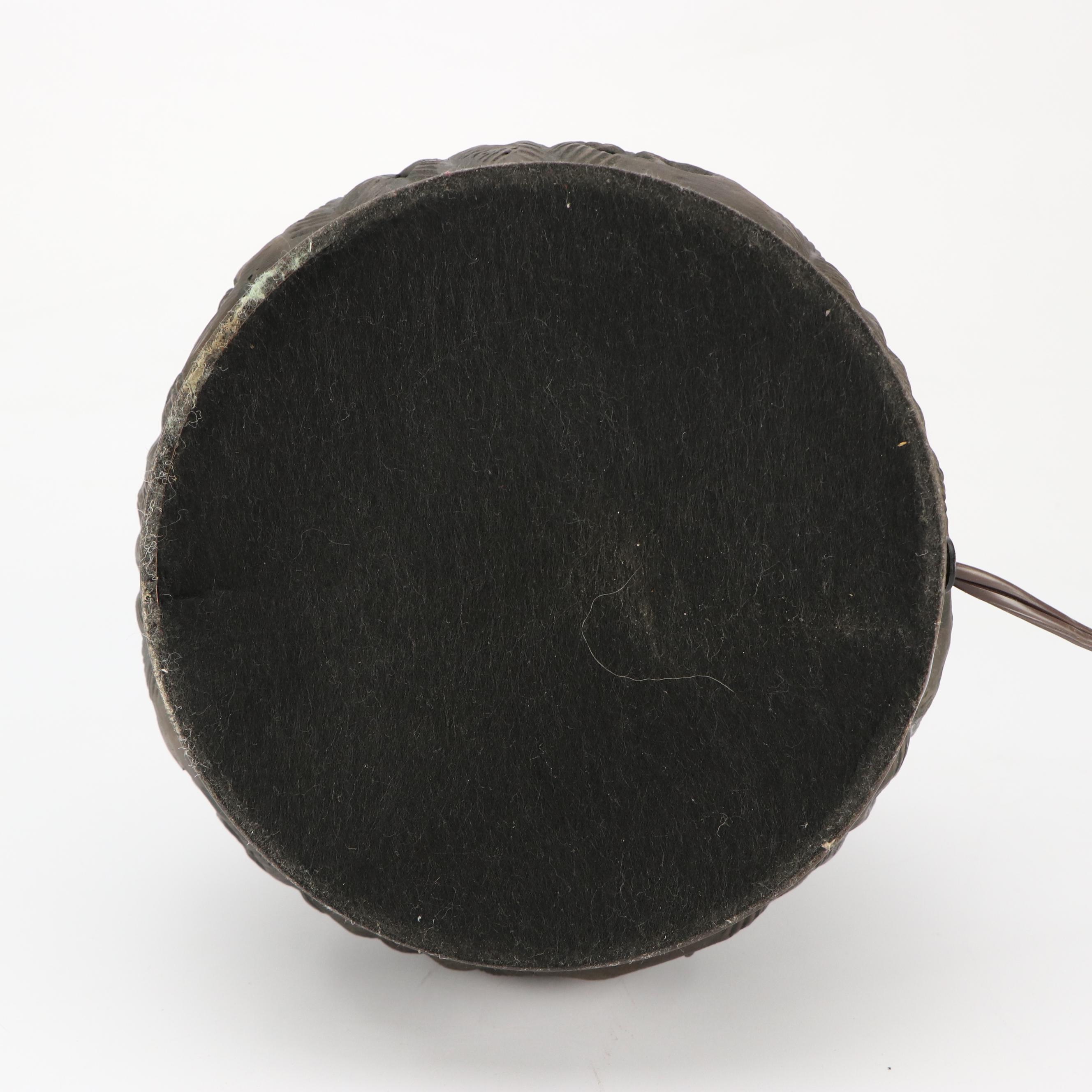 Bronzed Metal and Spotted Amber Glass Dragonfly Lamp, Van Erp Style Mica Shade