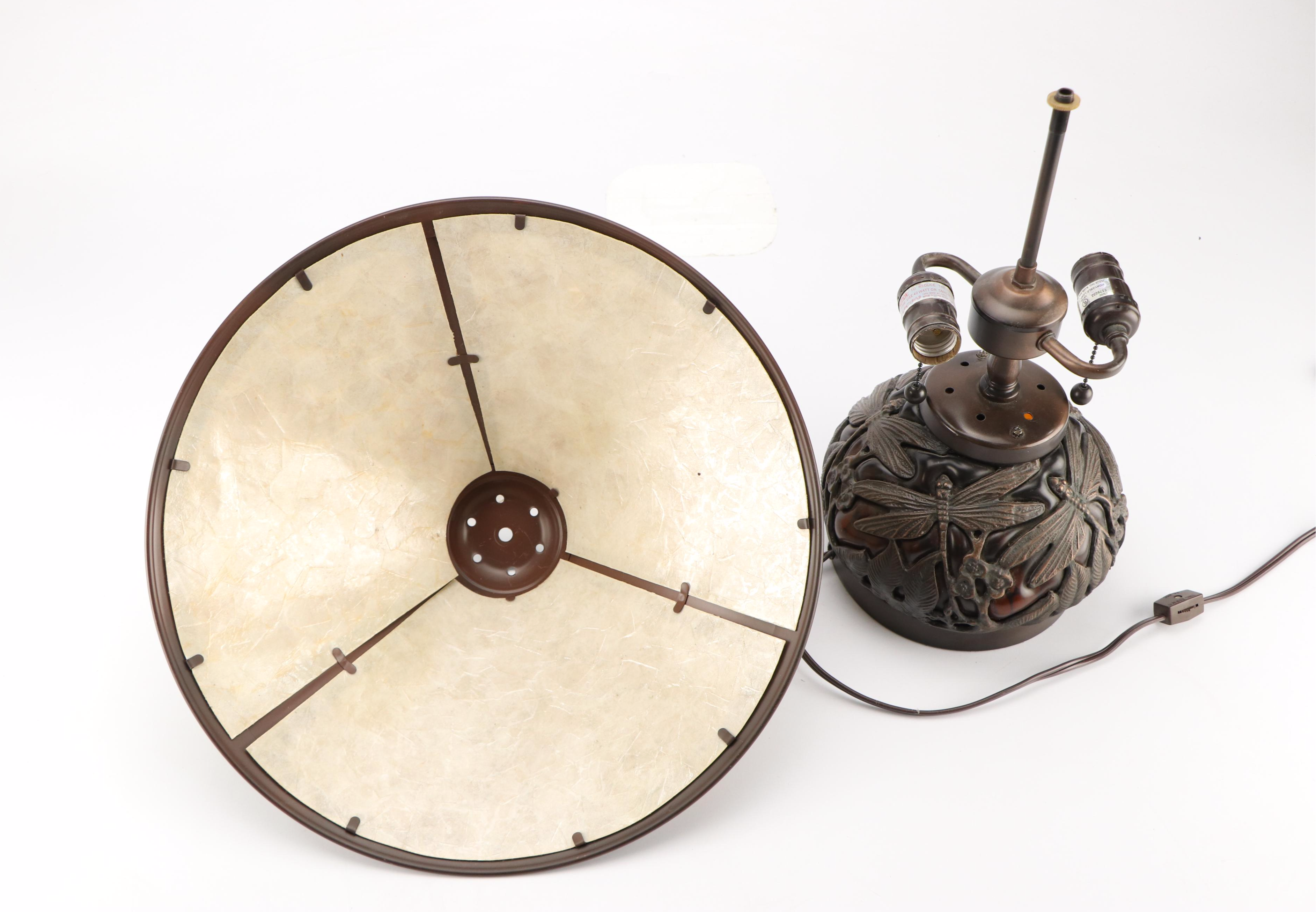 Bronzed Metal and Spotted Amber Glass Dragonfly Lamp, Van Erp Style Mica Shade