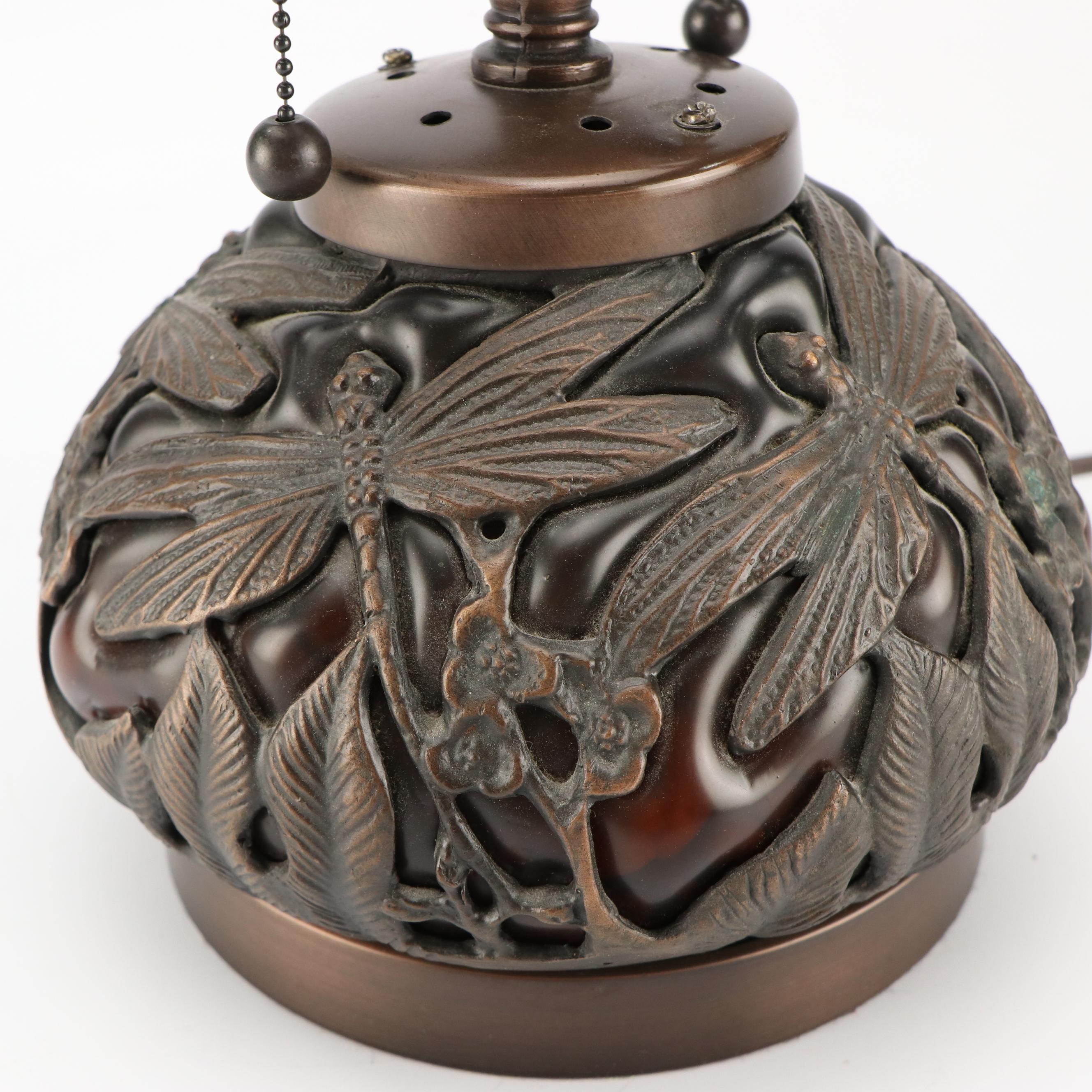 Bronzed Metal and Spotted Amber Glass Dragonfly Lamp, Van Erp Style Mica Shade