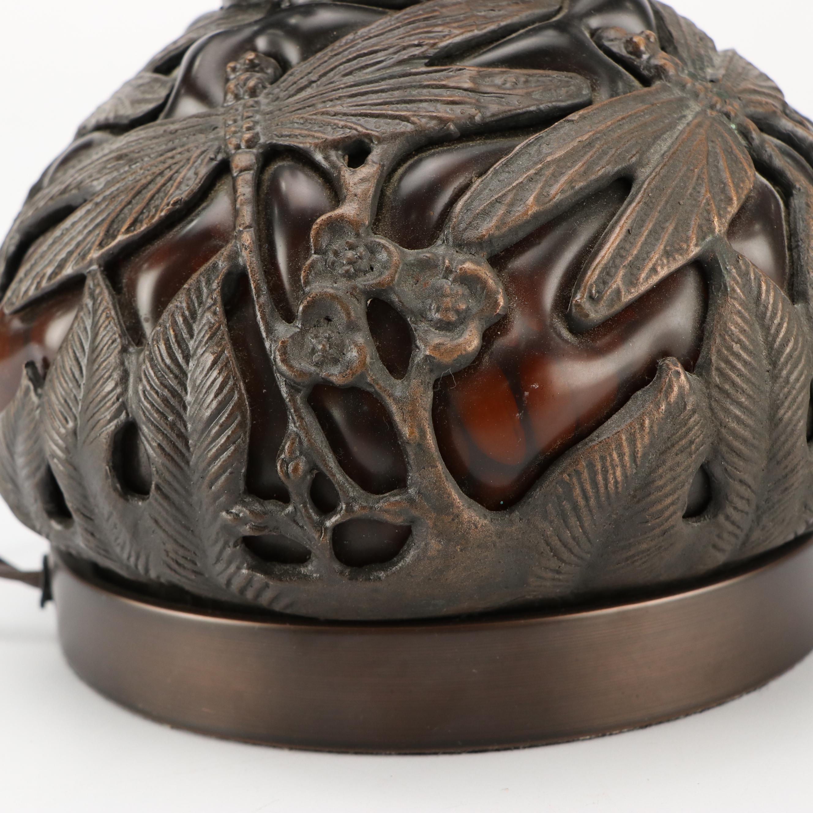 Bronzed Metal and Spotted Amber Glass Dragonfly Lamp, Van Erp Style Mica Shade