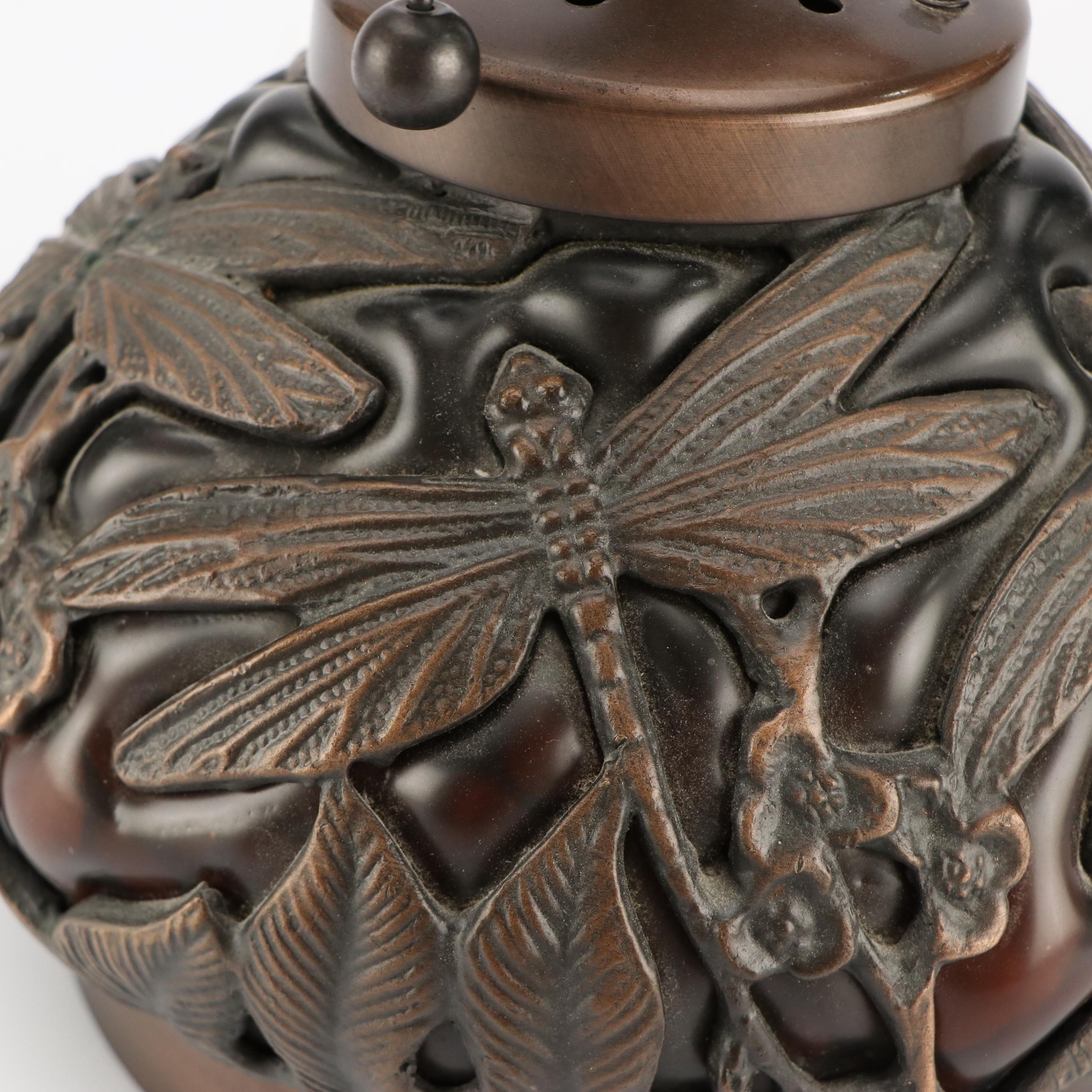 Bronzed Metal and Spotted Amber Glass Dragonfly Lamp, Van Erp Style Mica Shade