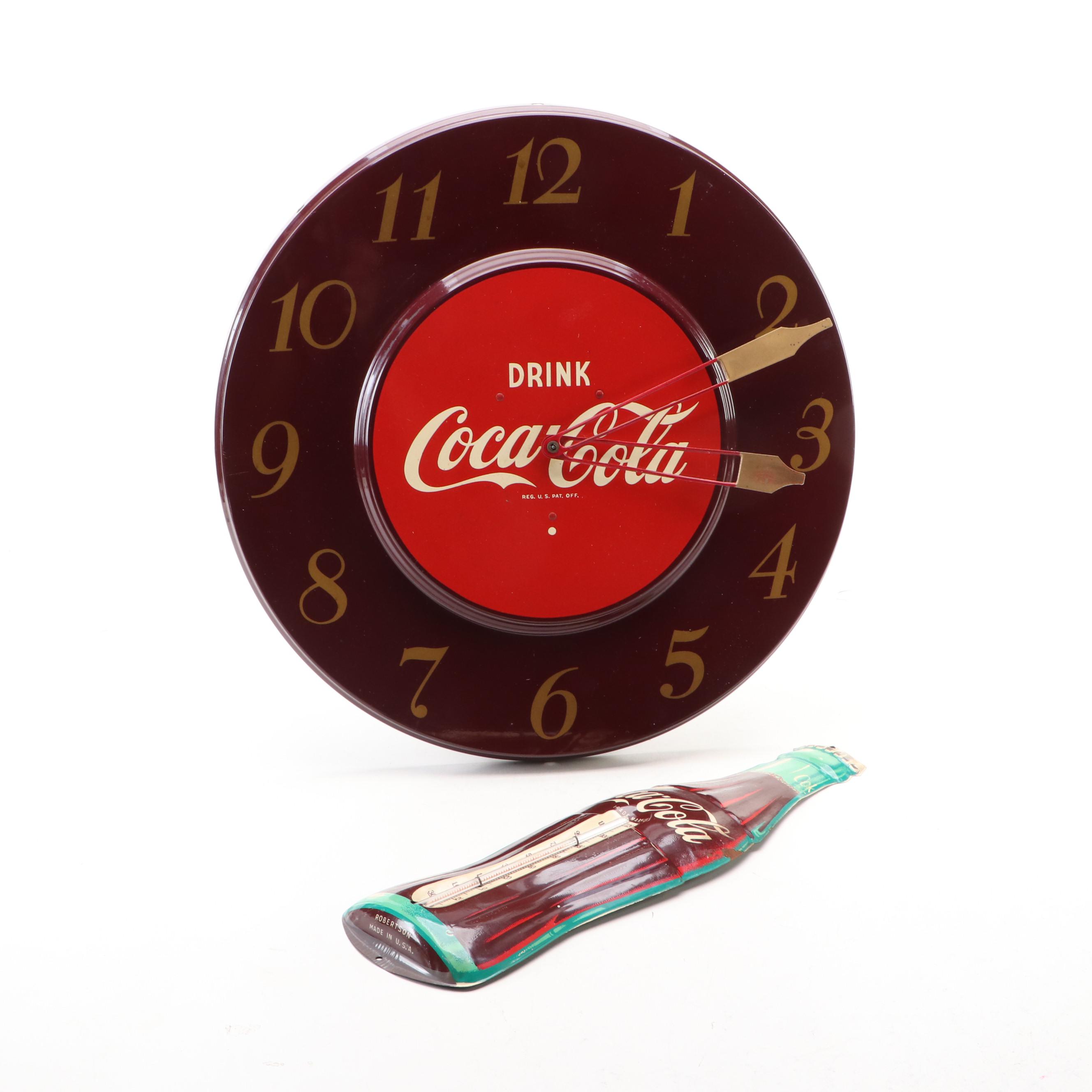 Coca-Cola Wall Clock and Novelty Bottle Thermometer