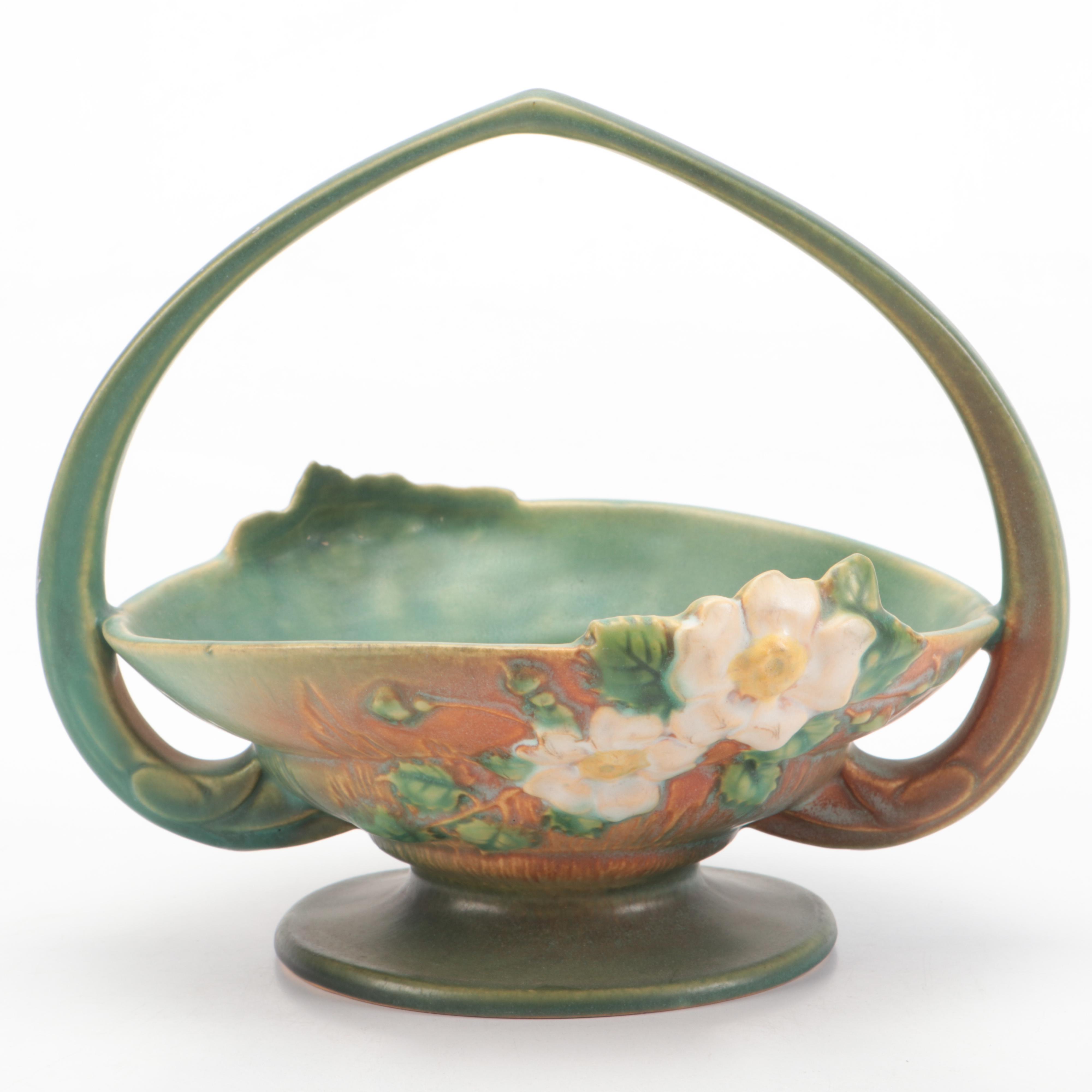 Roseville Pottery "White Rose" Ceramic Flower Basket, Mid-20th Century