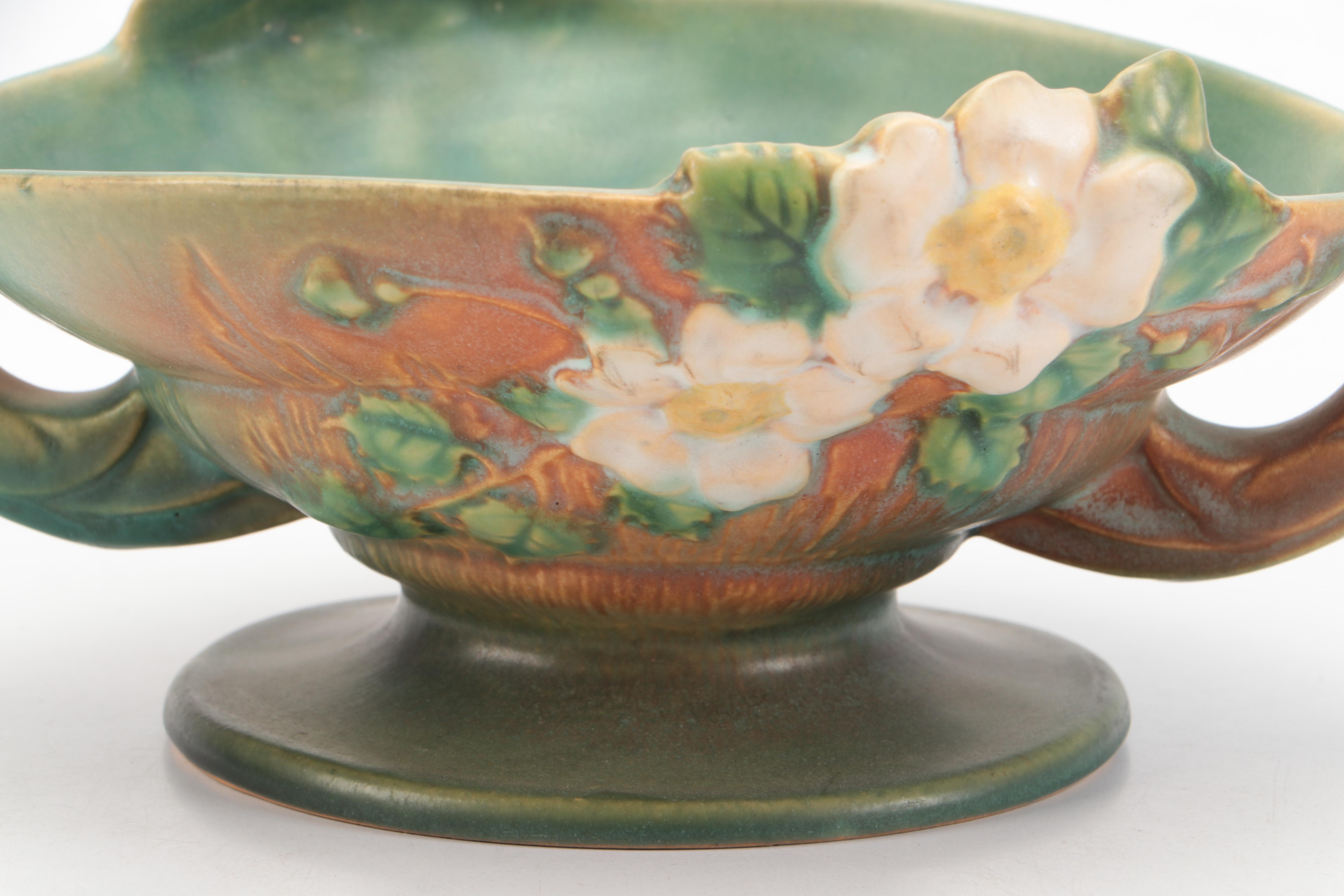 Roseville Pottery "White Rose" Ceramic Flower Basket, Mid-20th Century