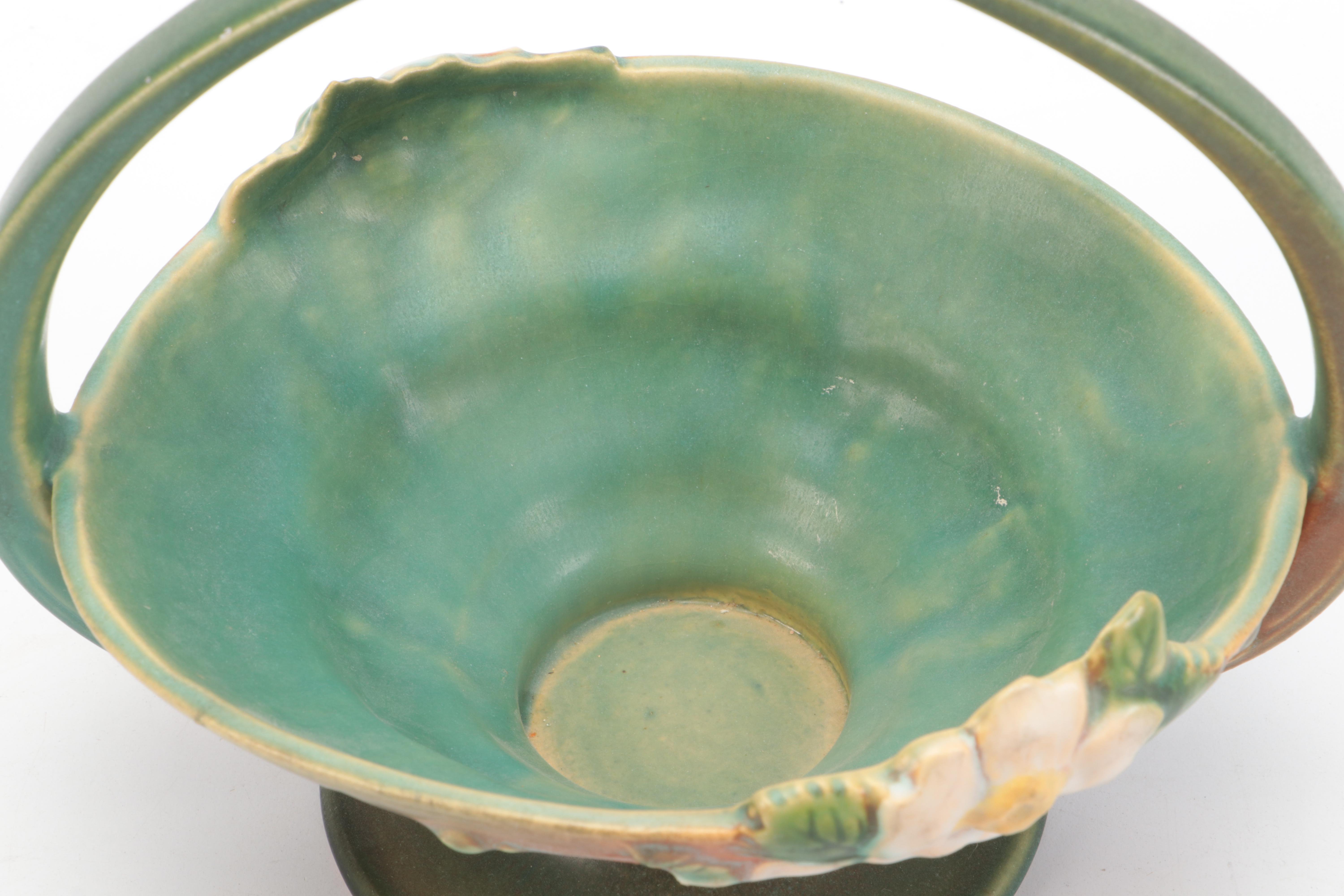 Roseville Pottery "White Rose" Ceramic Flower Basket, Mid-20th Century