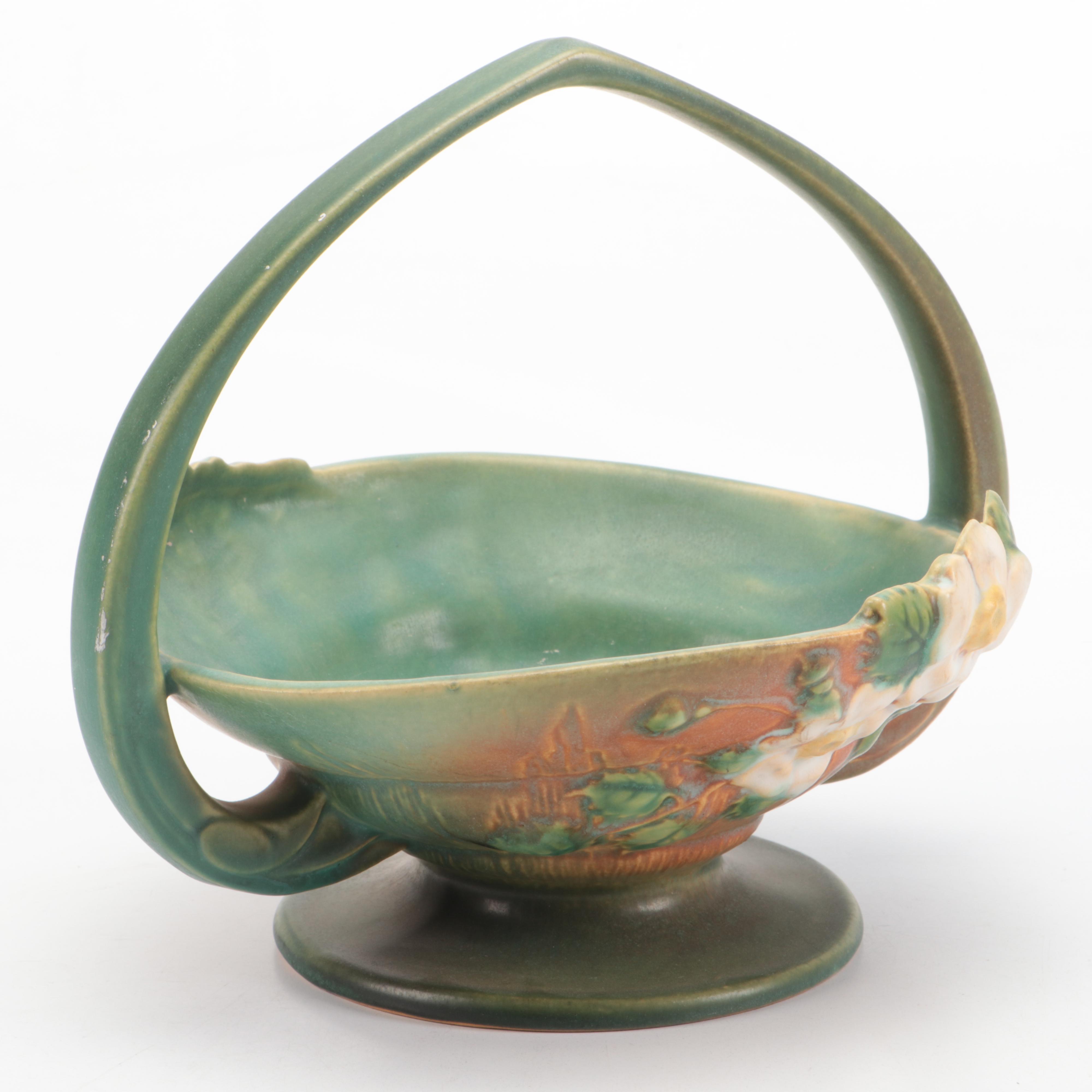 Roseville Pottery "White Rose" Ceramic Flower Basket, Mid-20th Century