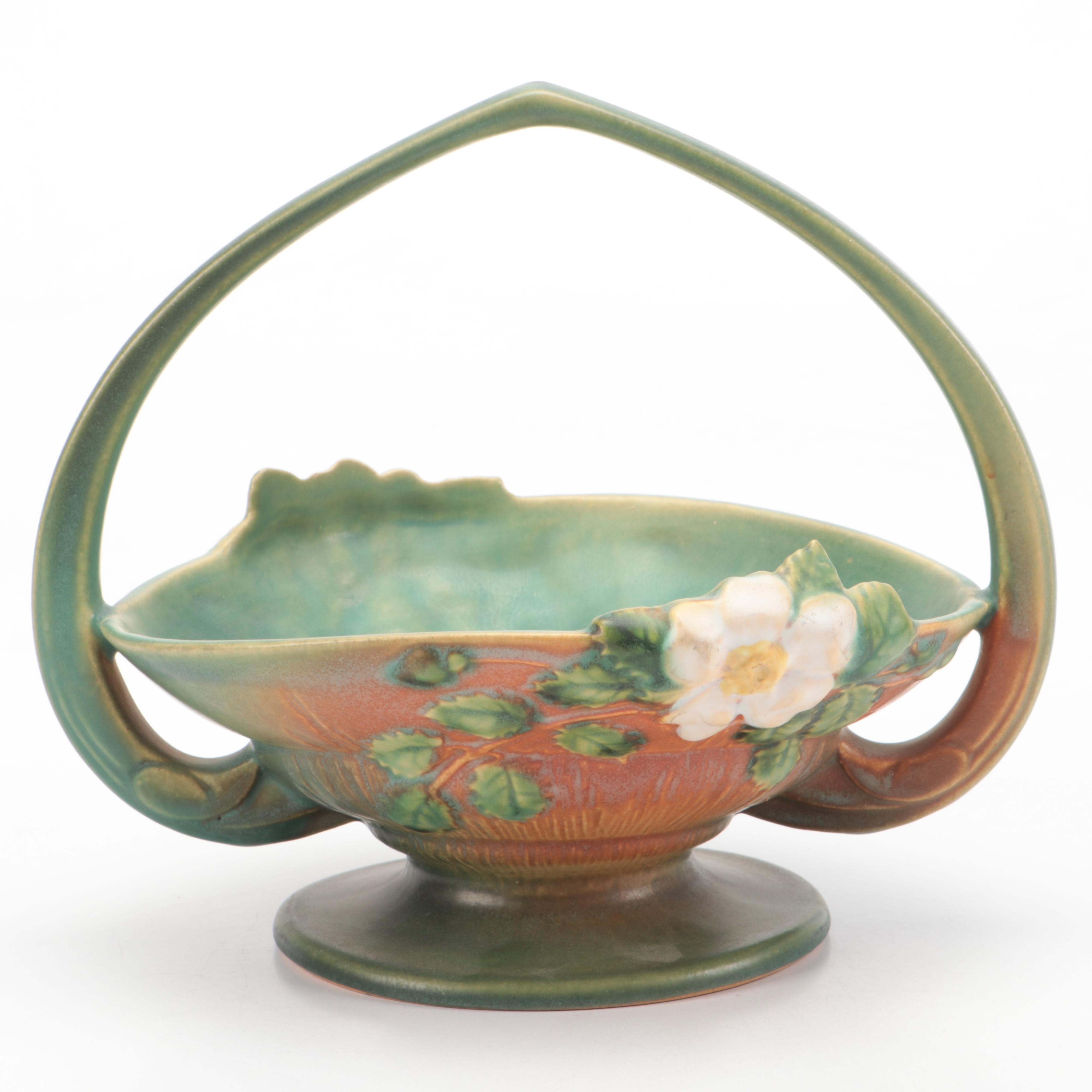 Roseville Pottery "White Rose" Ceramic Flower Basket, Mid-20th Century