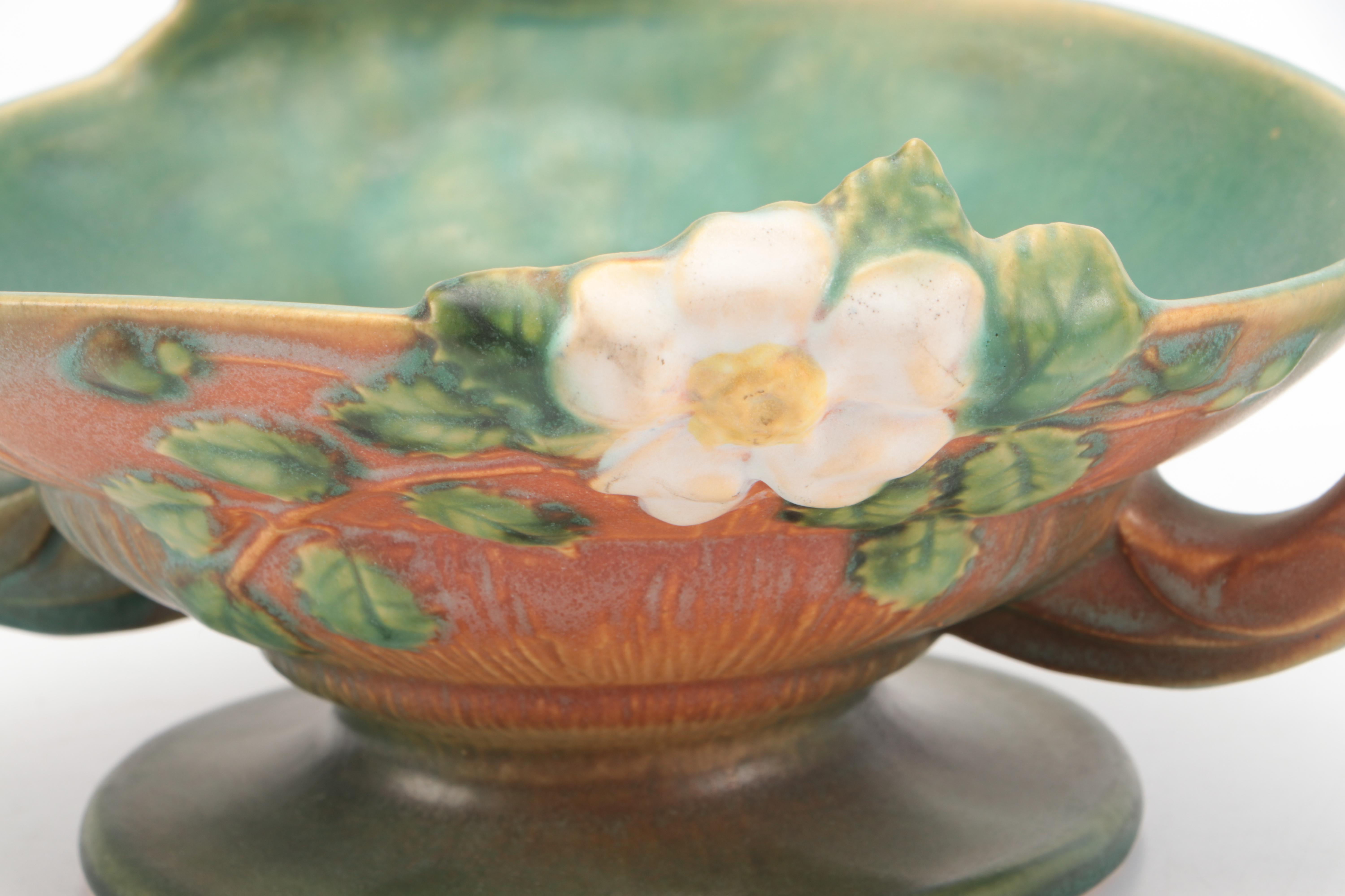 Roseville Pottery "White Rose" Ceramic Flower Basket, Mid-20th Century