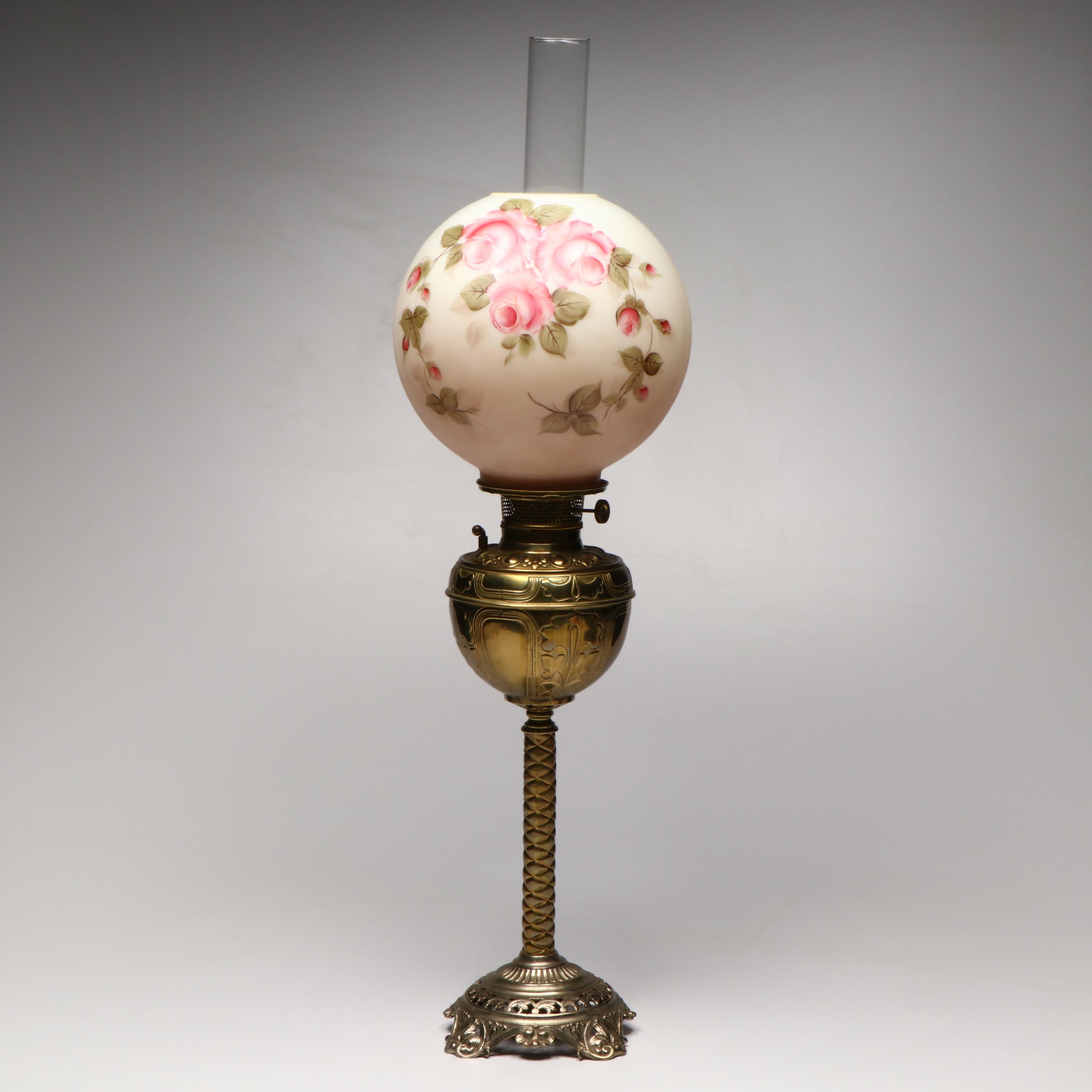 Rayo "The Victor" Brass Oil Banquet Lamp & Hand-Painted Globe, 19th C