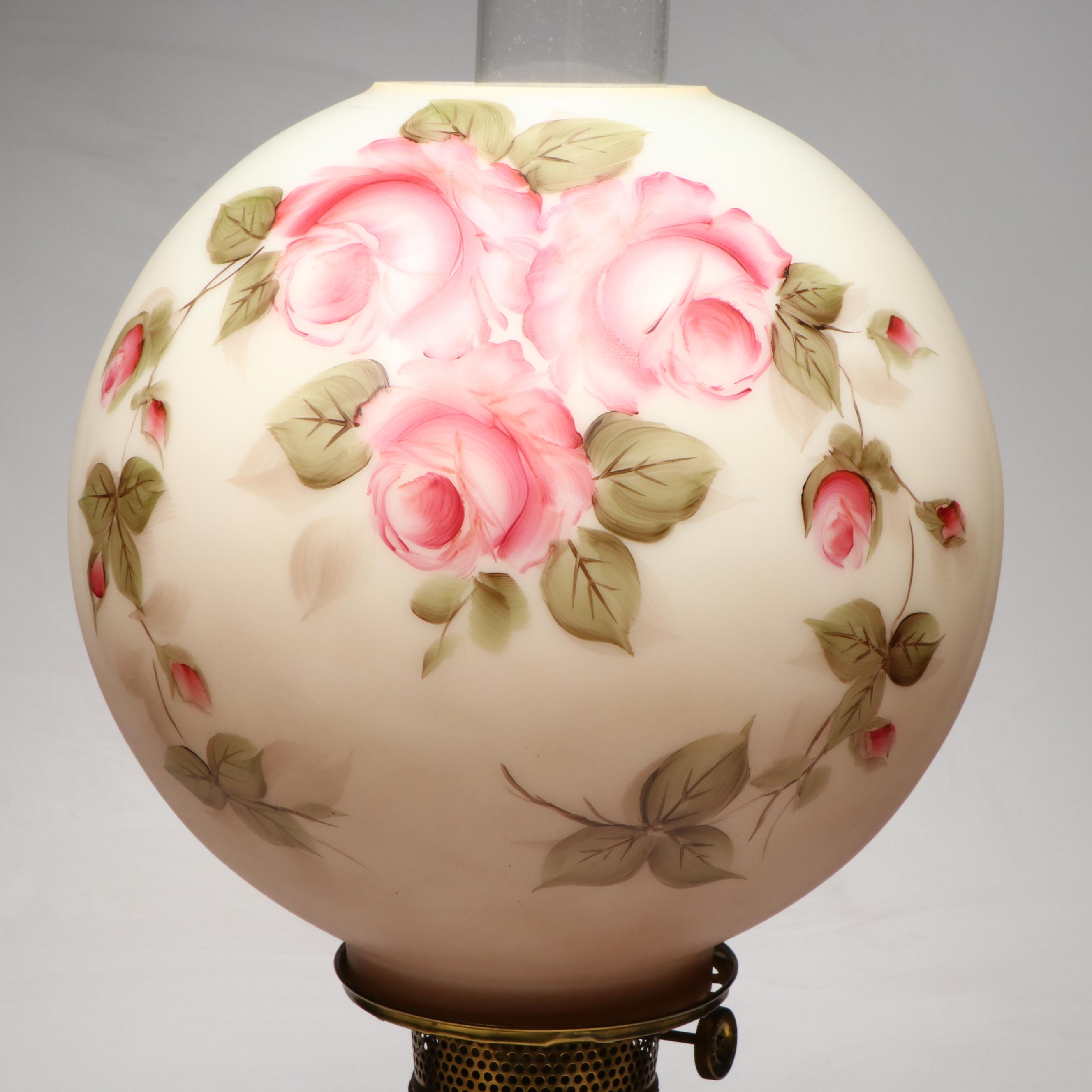 Rayo "The Victor" Brass Oil Banquet Lamp & Hand-Painted Globe, 19th C