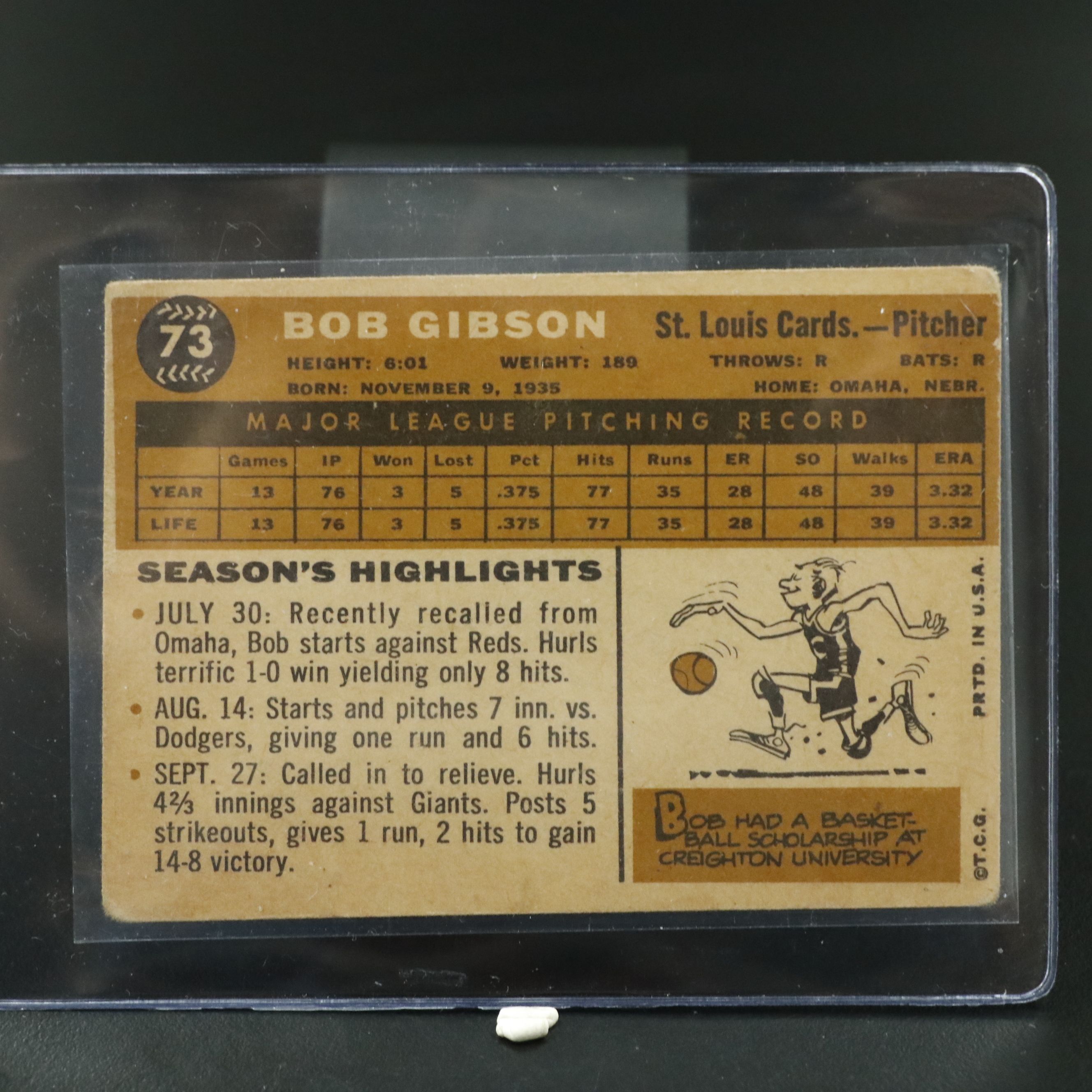 1960 Topps Bob Gibson St. Louis Cardinals Baseball Card