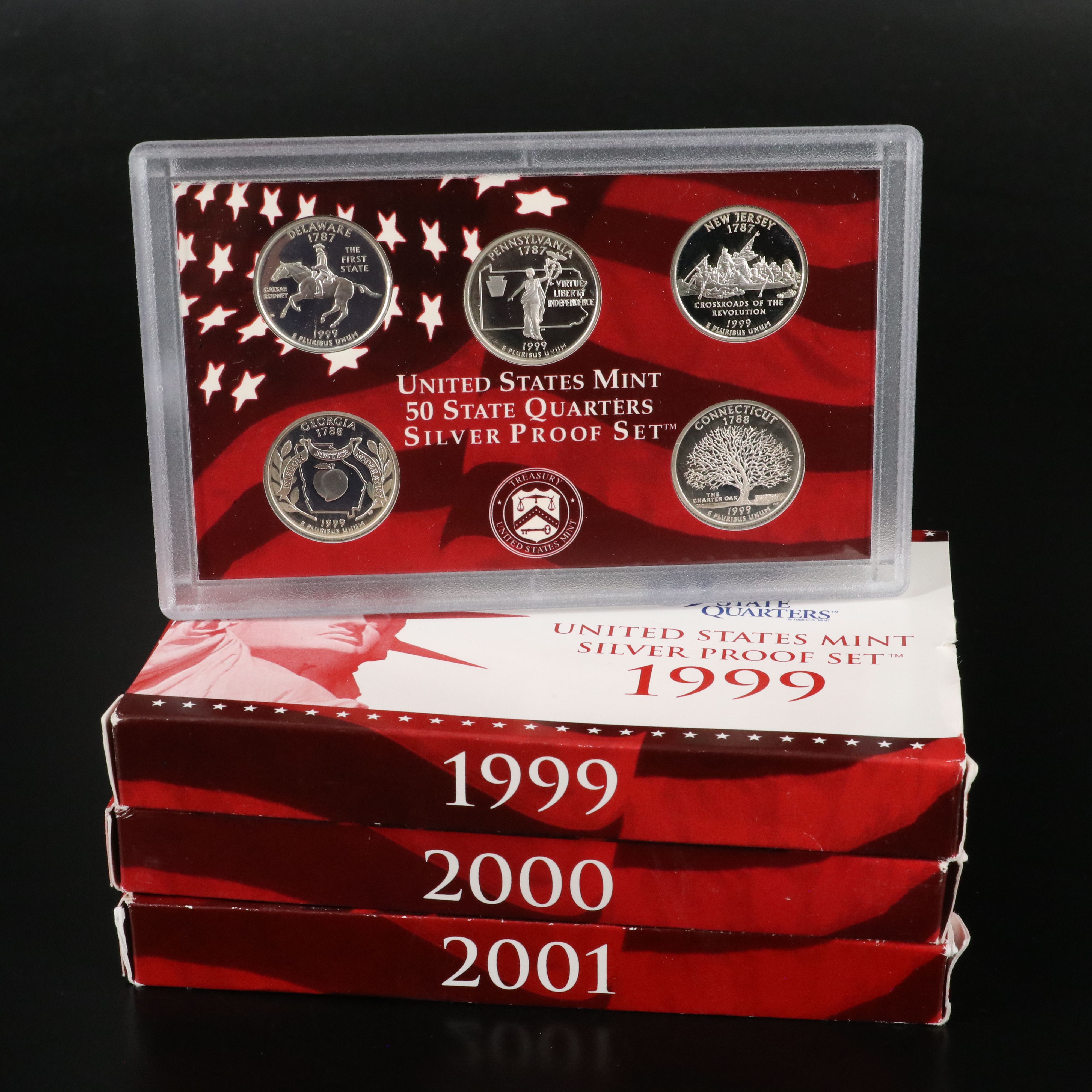Three United States Modern Silver Proof Sets: 1999, 2000, 2001