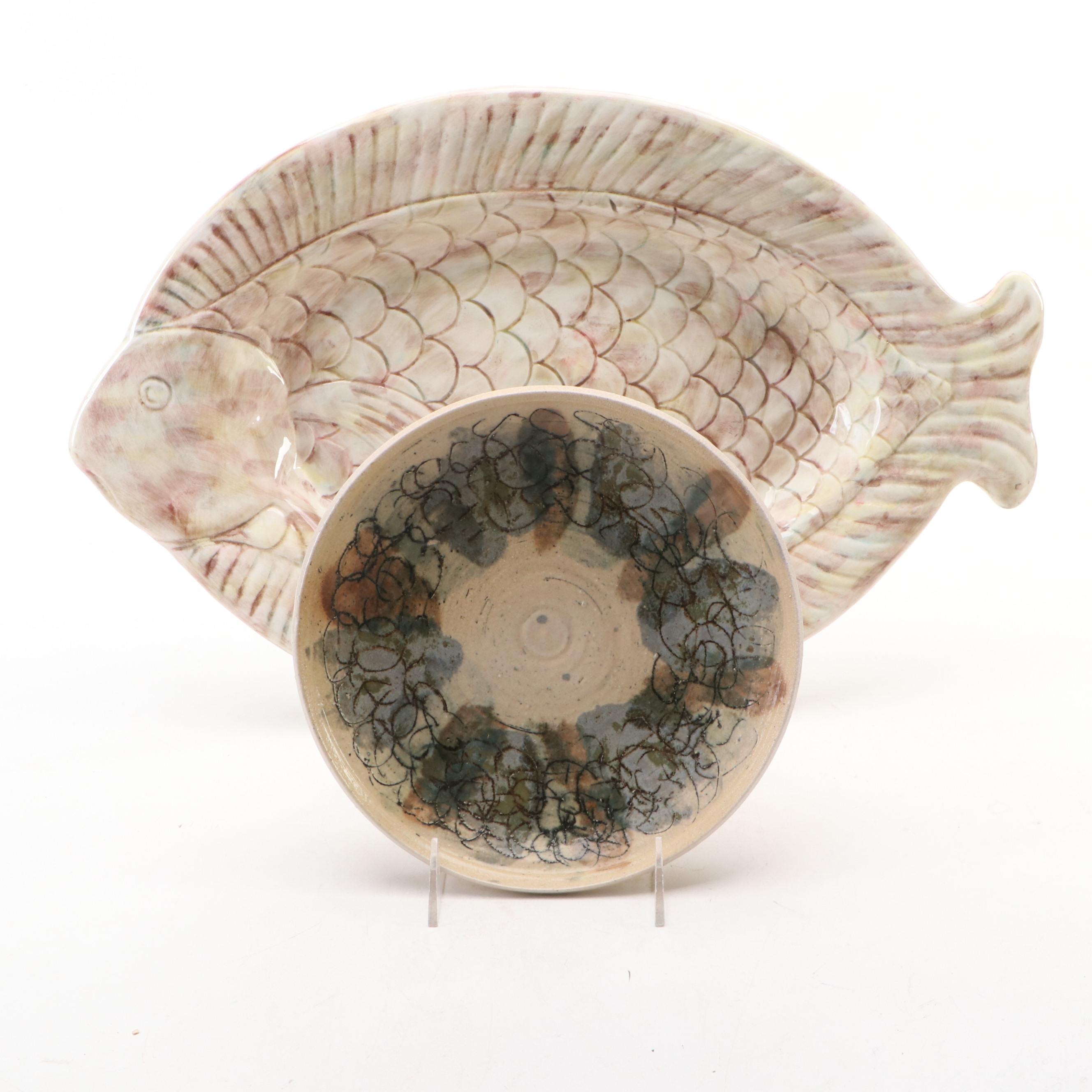 Italian Ceramic Fish Platter with Artisan Wheel Thrown Stoneware Plate