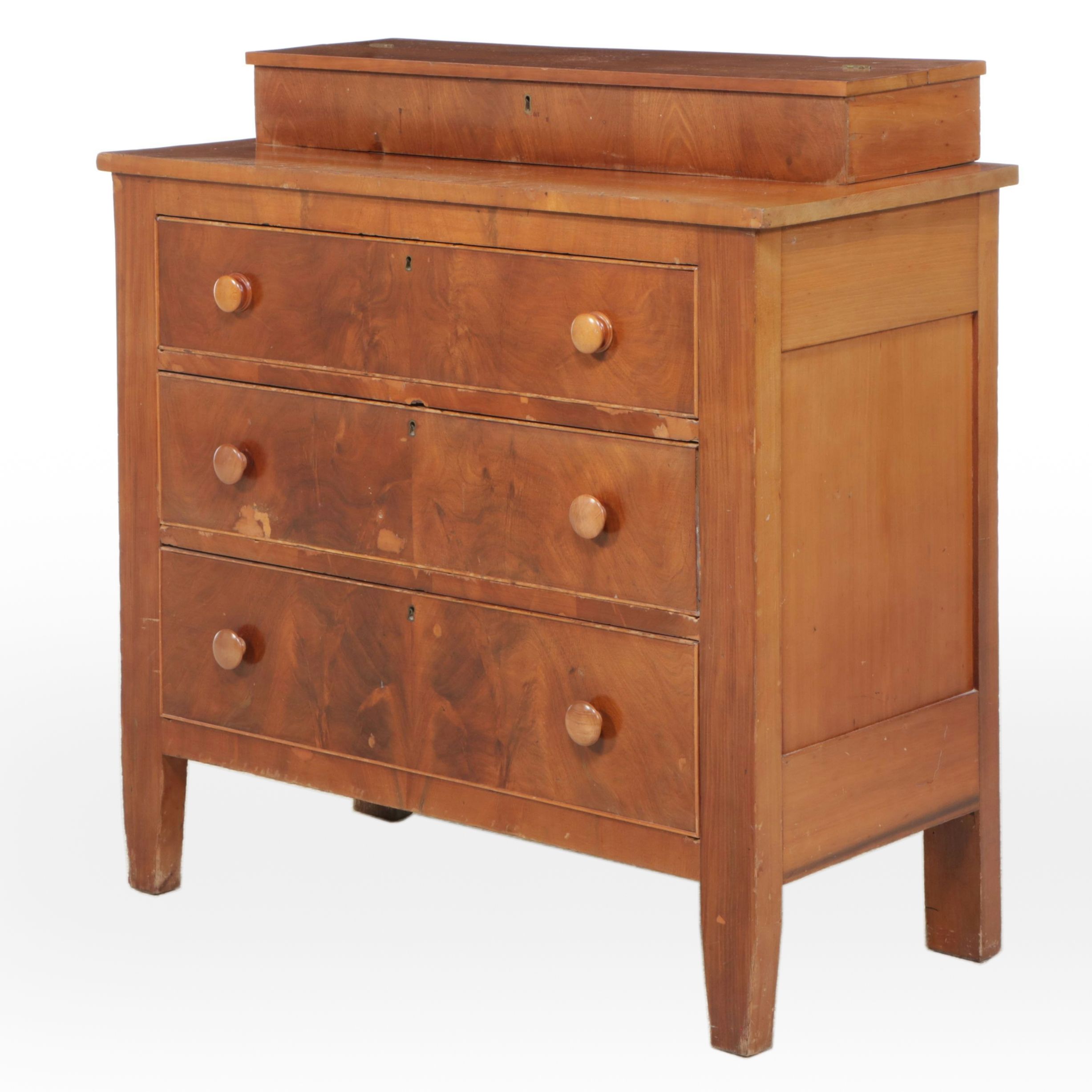 American Empire Burl and Maple Chest of Drawers with Glove Box, 19th Century