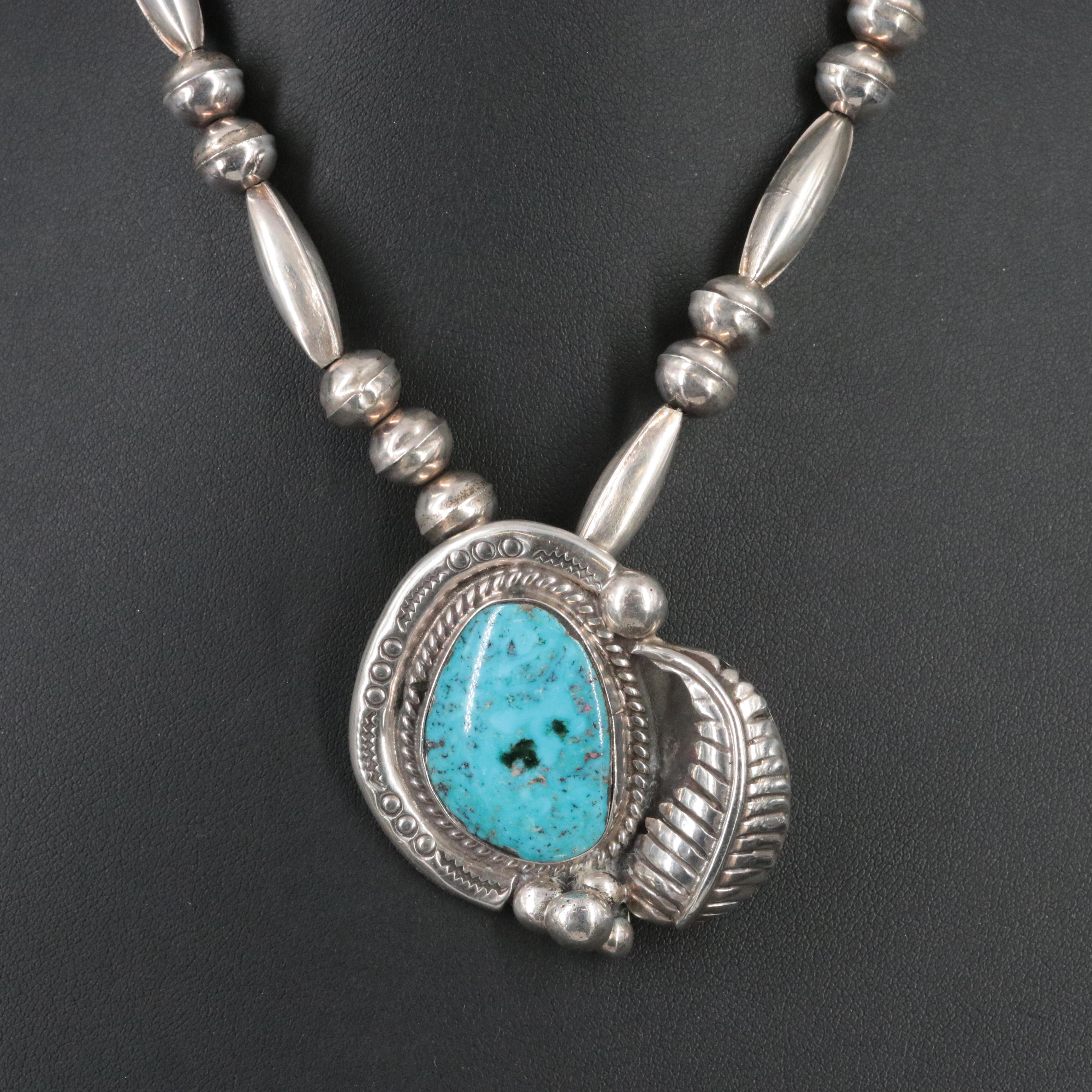 Soutwestern Signed Sterling and Turqoise Pendant Necklace