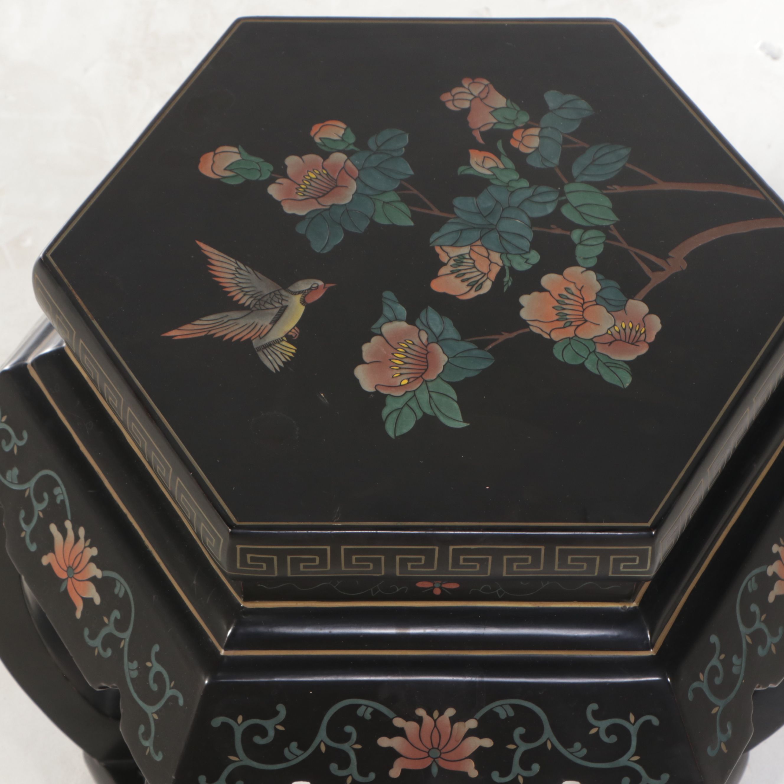 Chinese Style Floral Lacquered Wood Ottoman