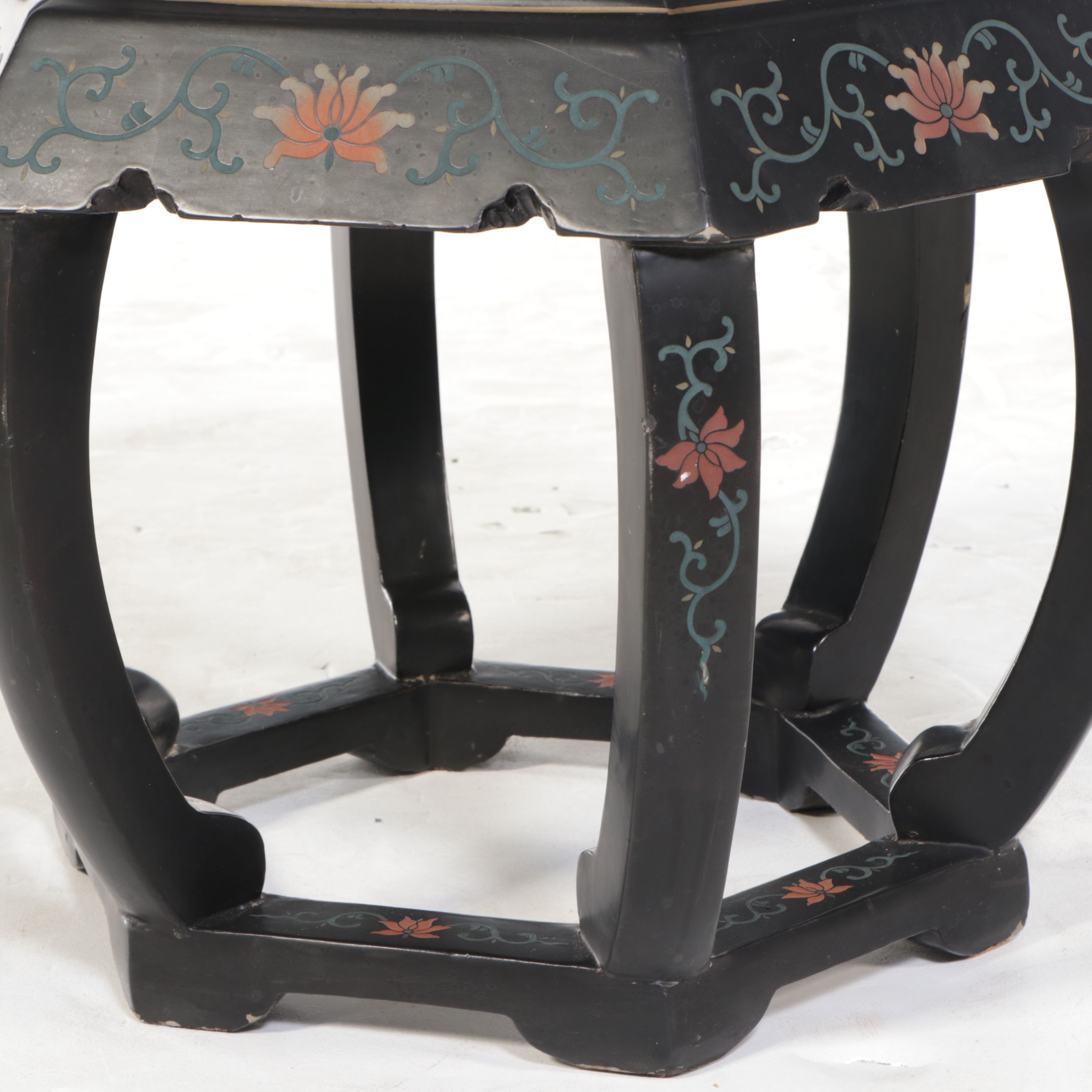 Chinese Style Floral Lacquered Wood Ottoman