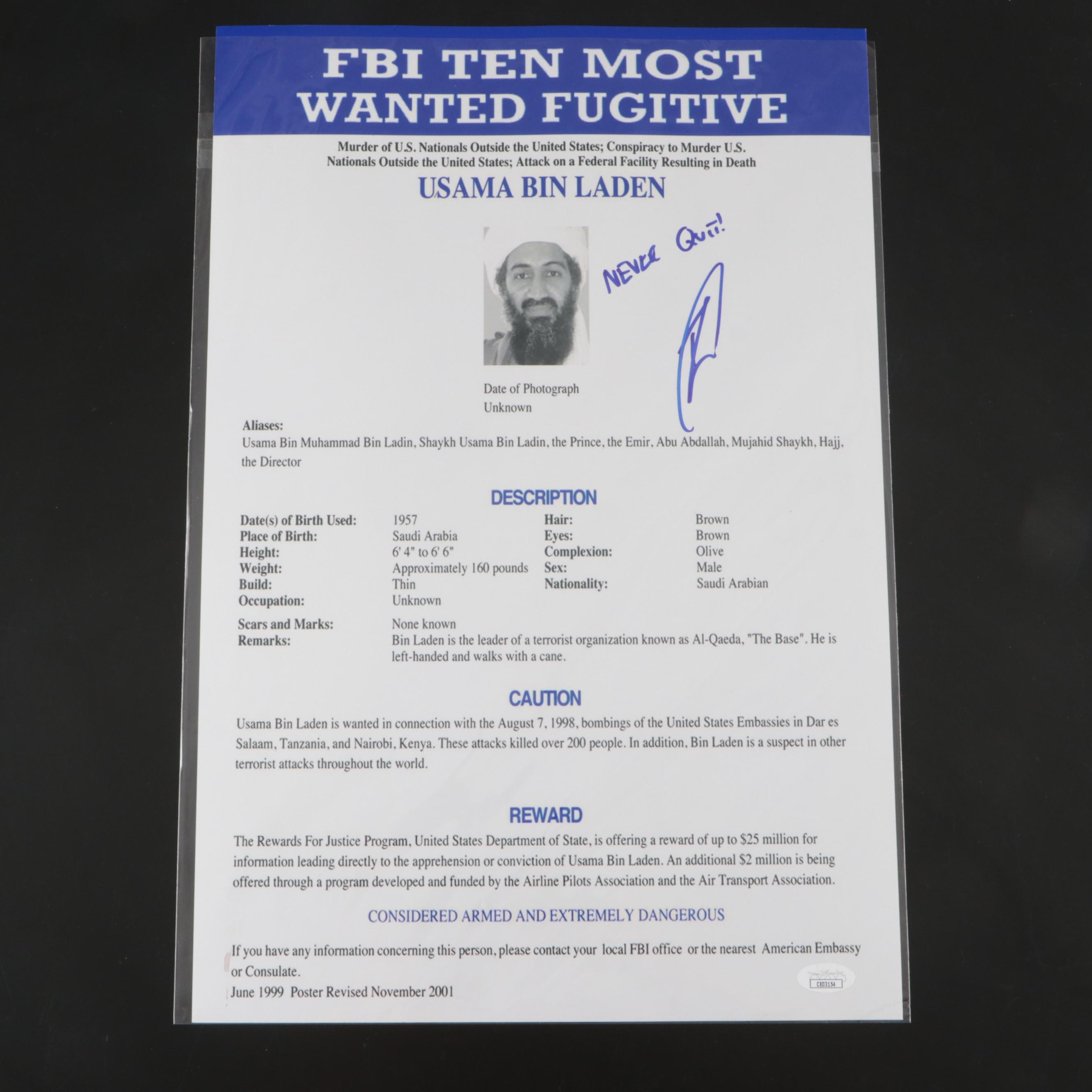 Robert O'Neill Signed " Never Quit!" Usama Bin Laden FBI Wanted Print, JSA