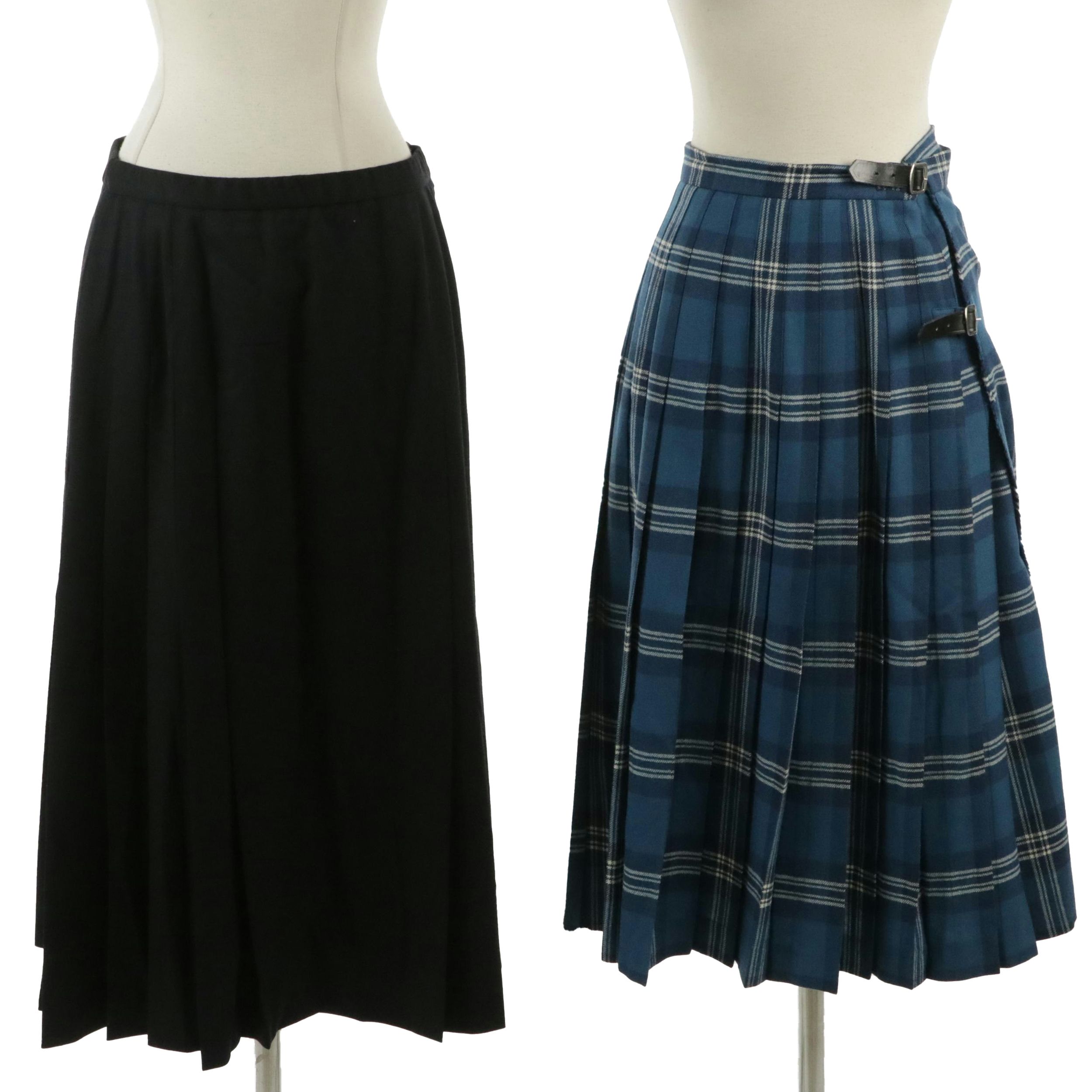 Pendleton & Kinloch Anderson Pleated Midi Skirts in Black and Blue Plaid Wool