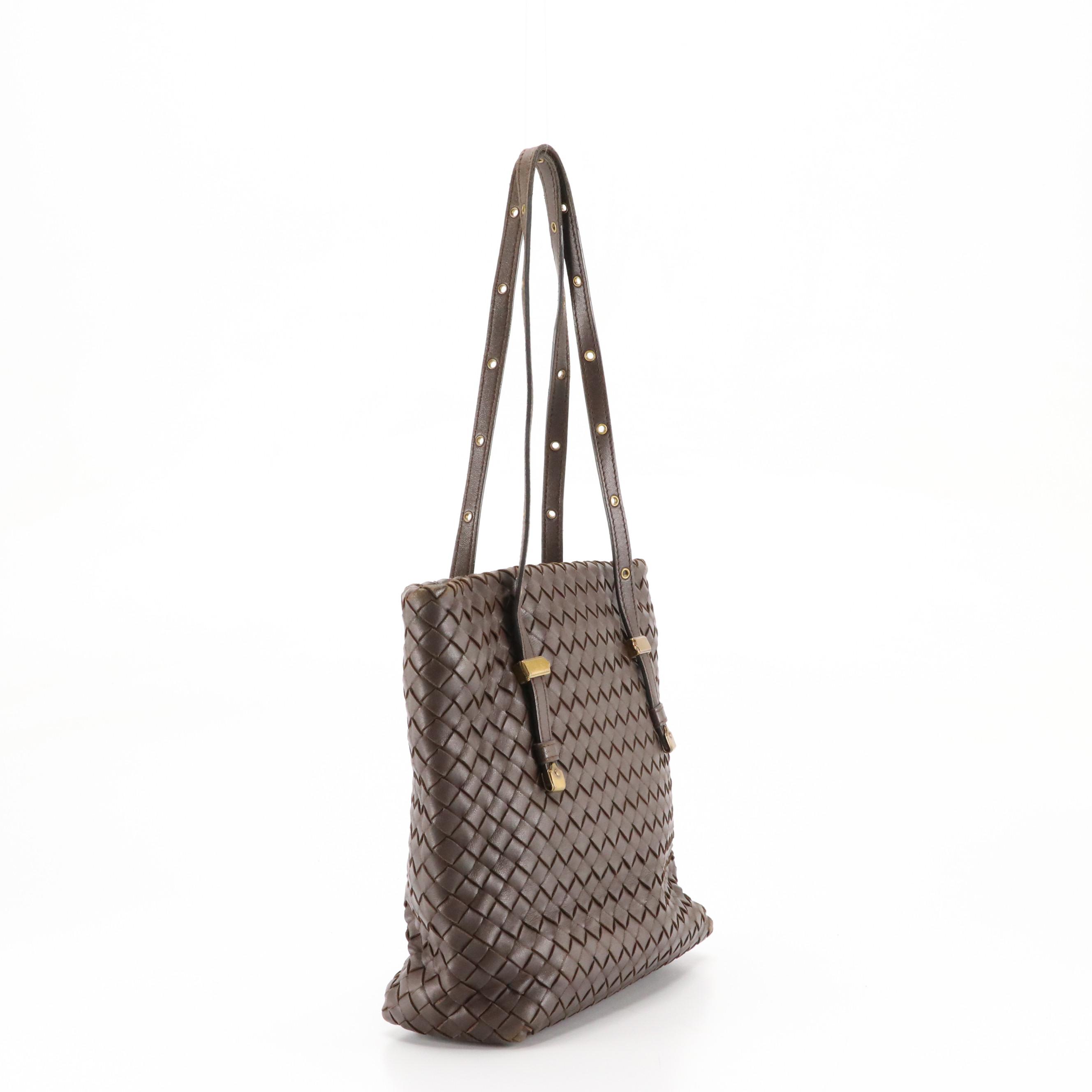 Bottega Veneta Grommet Strap Shoulder Bag in Chocolate Brown Intrecciato Leather