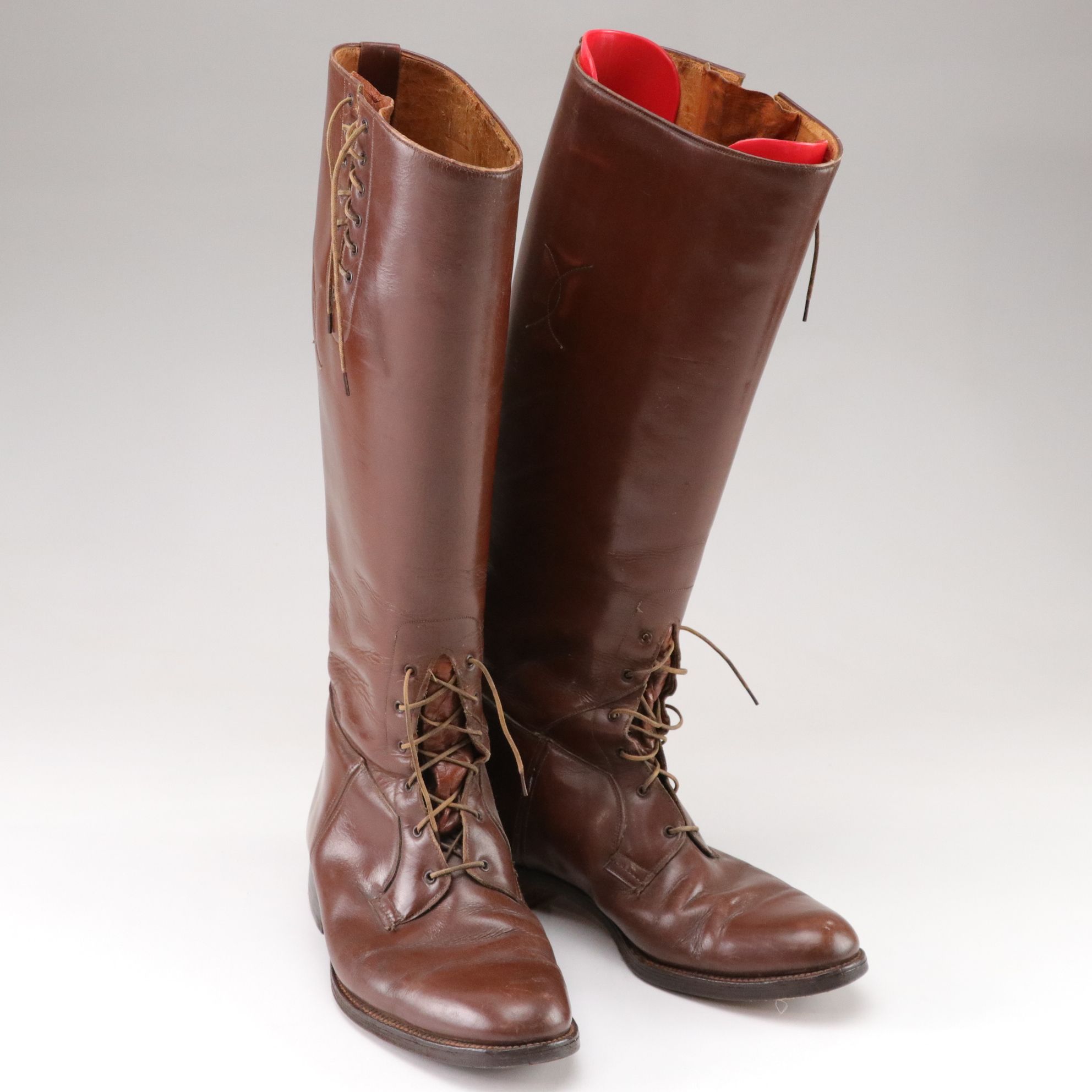 Pair of Leather Lace-up High Top Equestrian Riding Boots