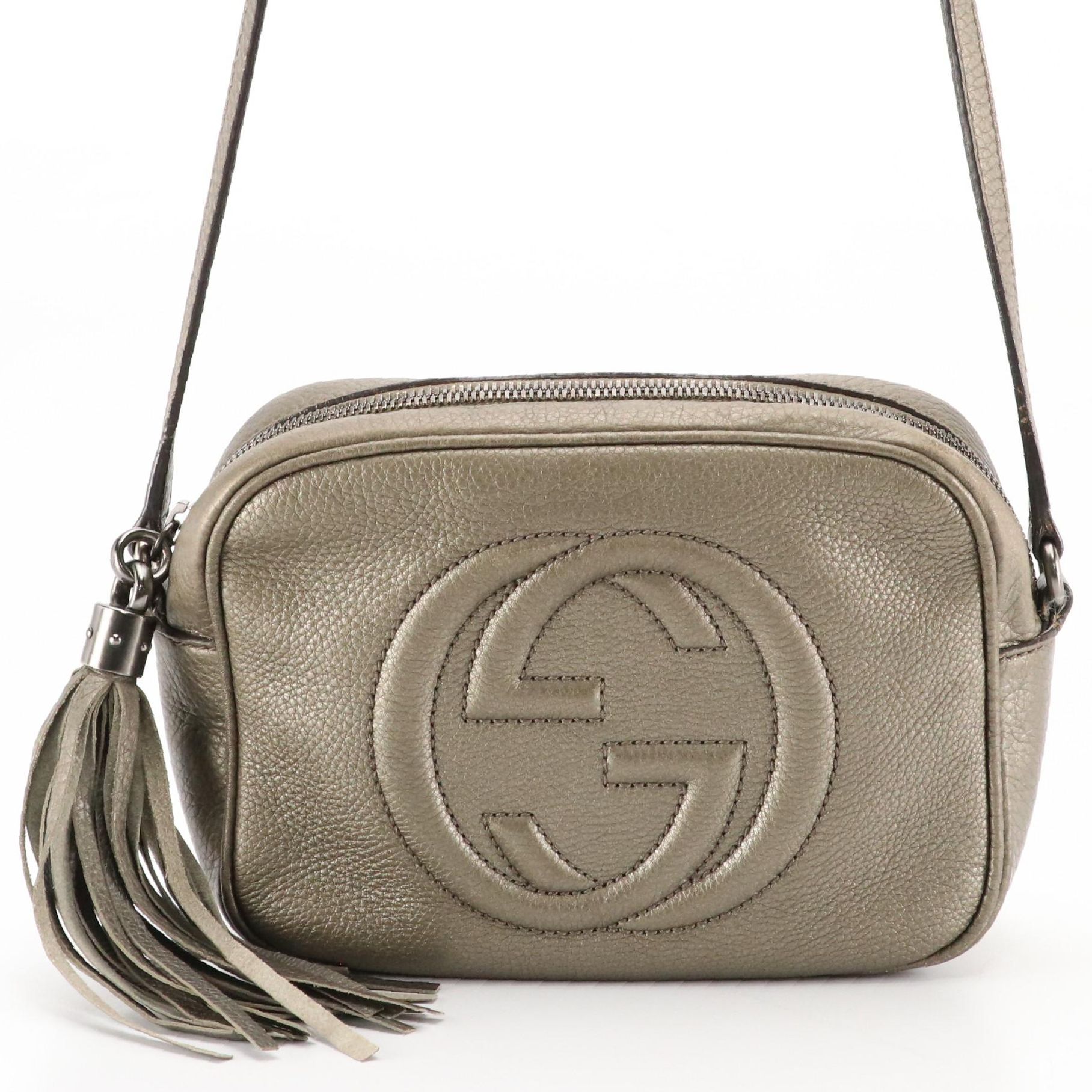 Gucci Soho Disco Crossbody with Tassel in Metallic Silver Grained Leather
